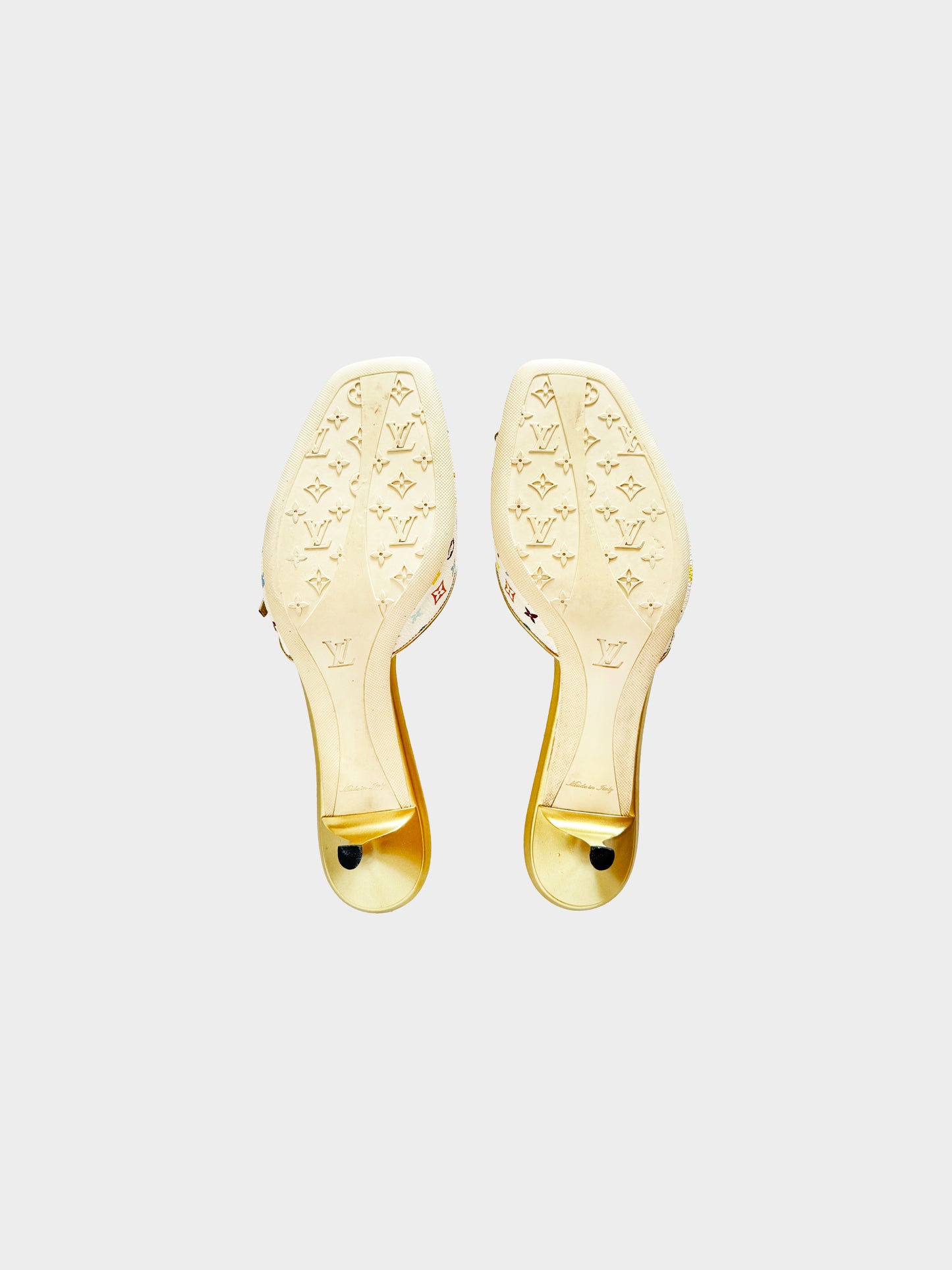 Louis Vuitton 2000s Gold and White Multicolor Monogram Slide Sandals