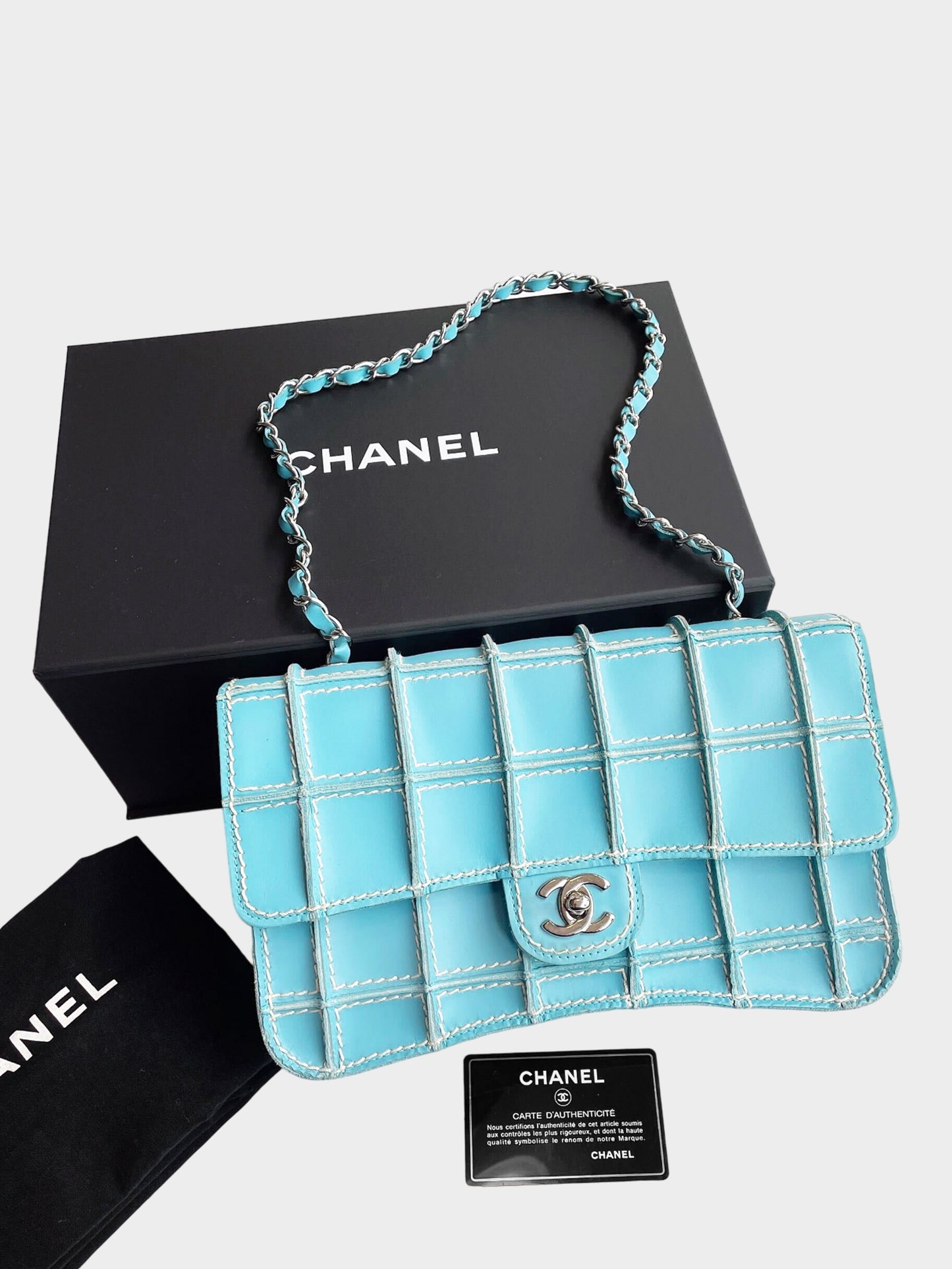 Chanel 2002-2003 Blue Lambskin Square Wild Stitch Flap