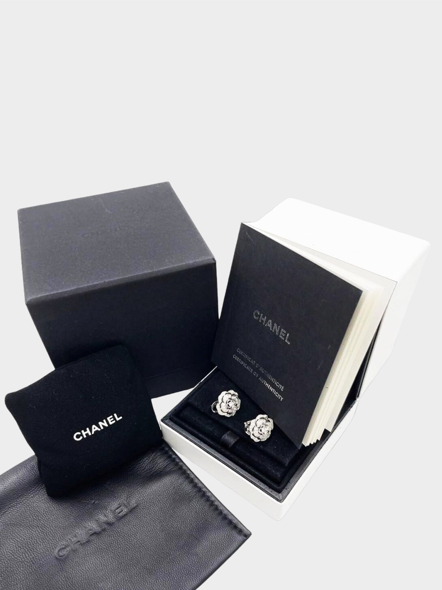 Chanel 2010s 18k White Gold Diamond Camellia Button Earrings