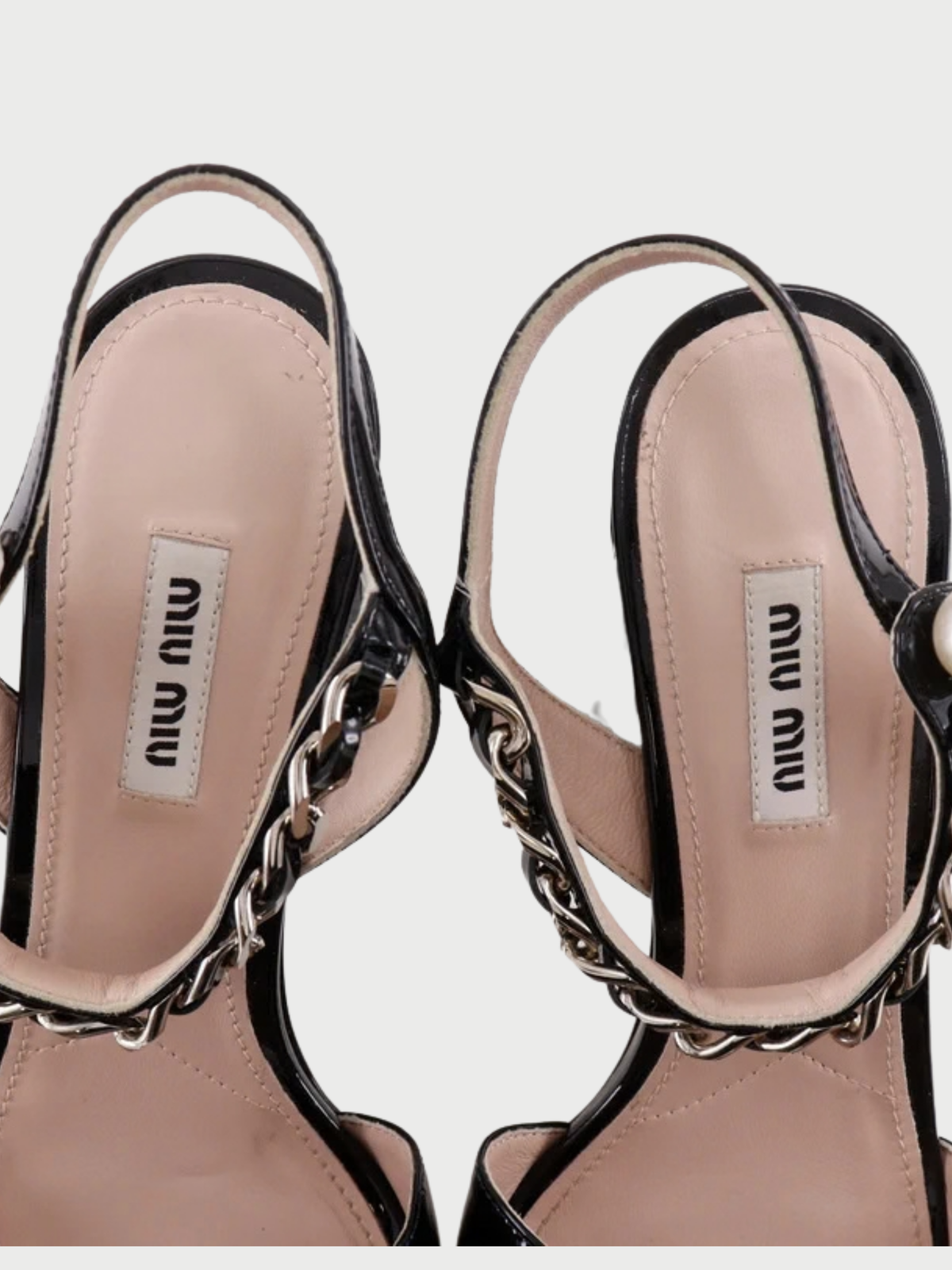 Miu Miu 2020s Black Patent Leather Pearl Platform Sandals