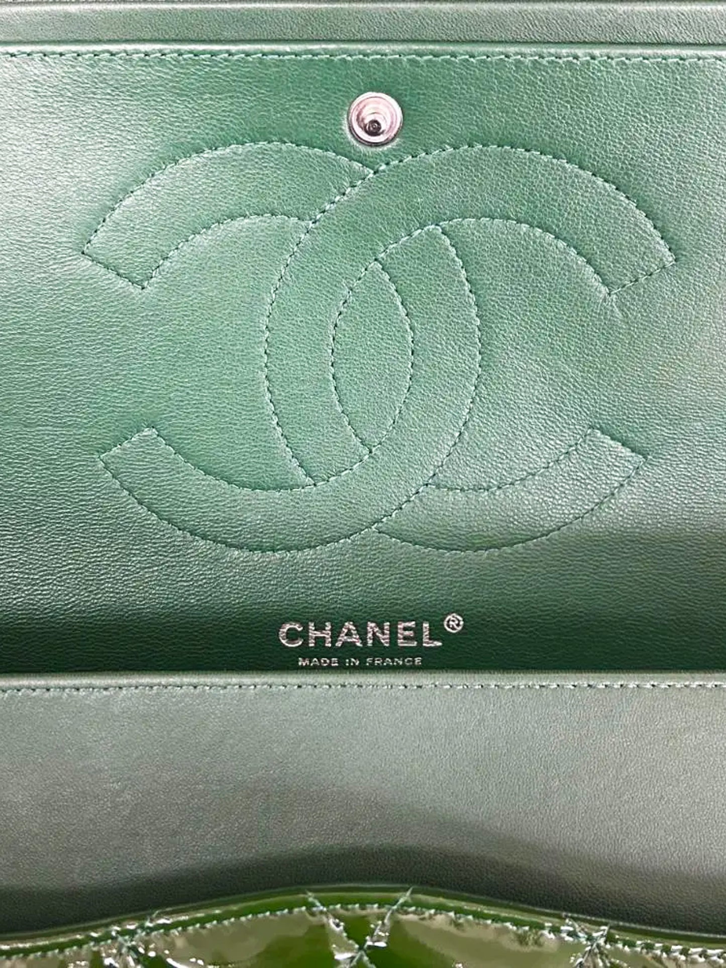 Chanel 2011 Olive Green Patent Leather Jumbo Double Flap Bag