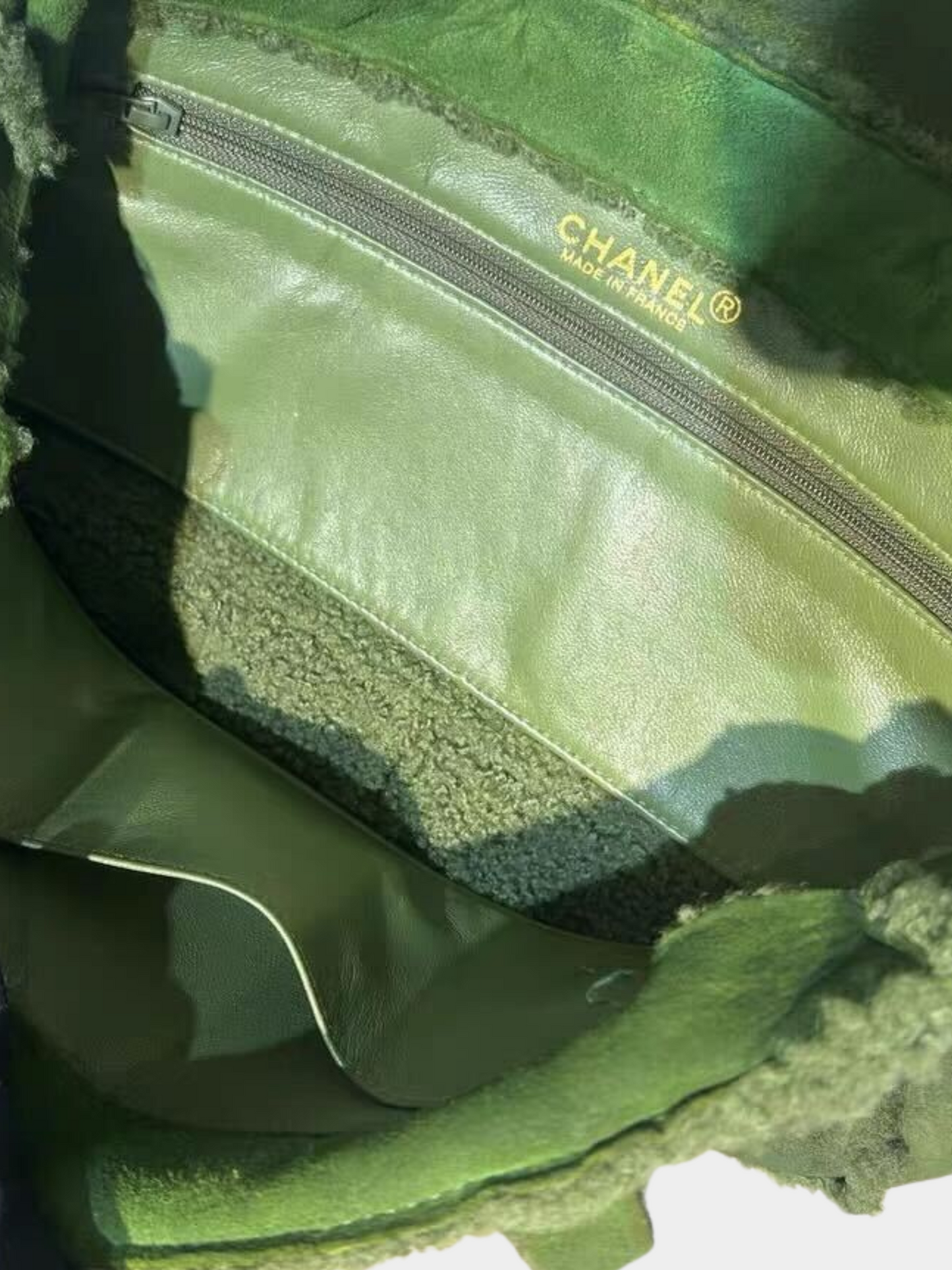 Chanel 2000s Green Shearling Leather Tote Bag