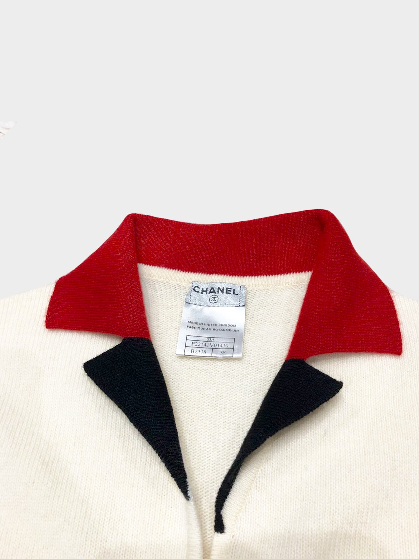Chanel FW 2003 Off White with Black and Red Trim Cashmere Knit Cardigan