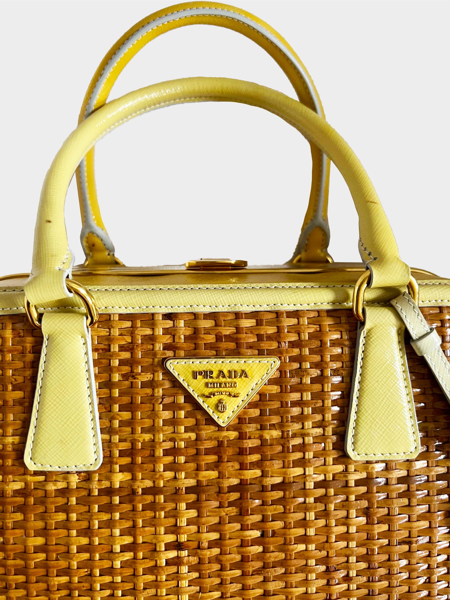 Prada 2000s Yellow Wicker Saffiano Pyramid Frame Tote