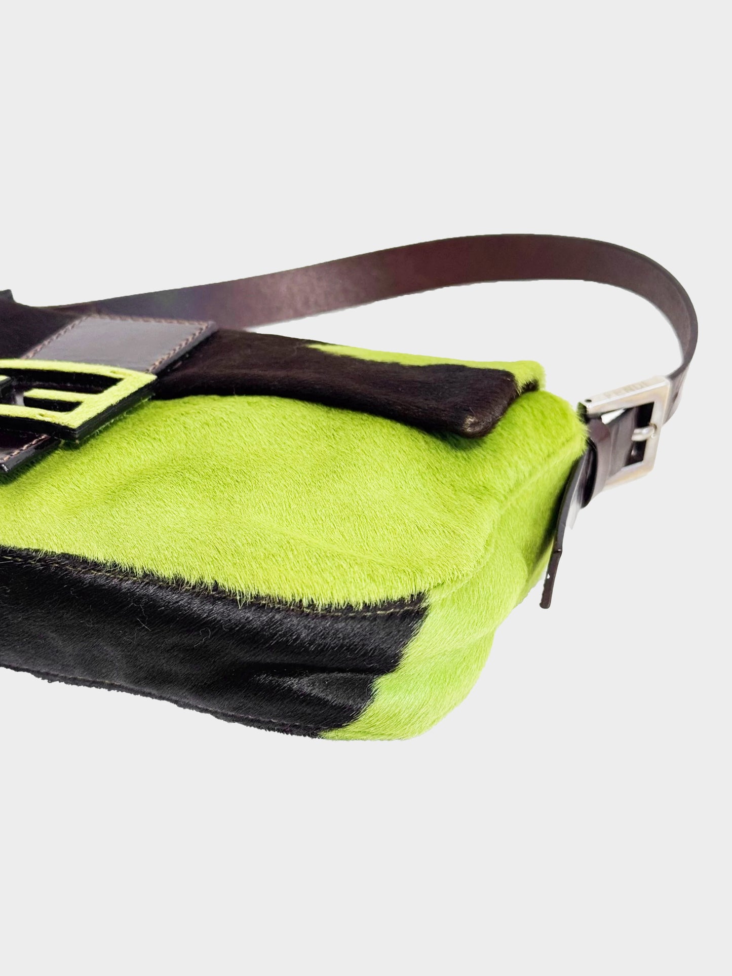 Fendi 2000s Green and Black Pony Hair Cow Print Baguette