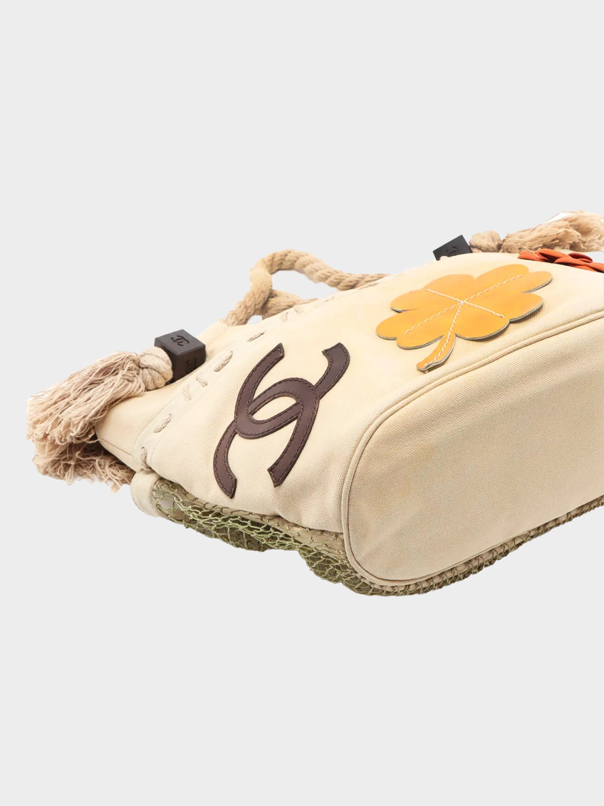 Chanel Cruise 2003-2004 Beige Canvas CC Camellia and Clover Rope Handle Tote Bag