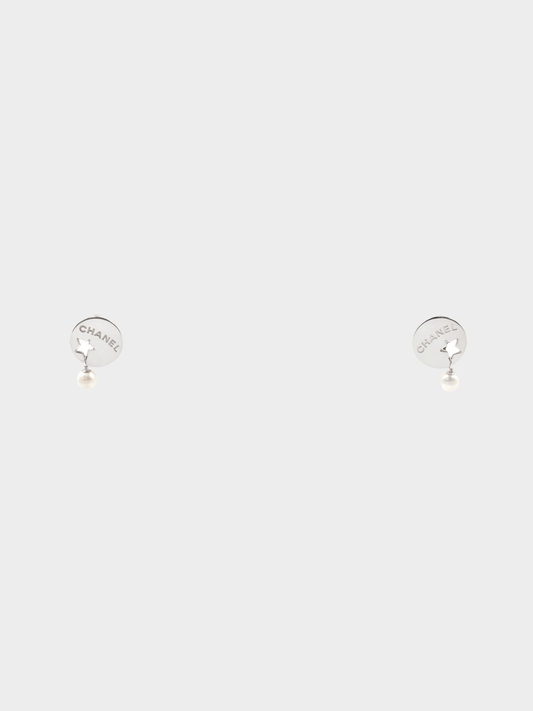 Chanel 2000s Silver Round Plate Logo Star Earrings