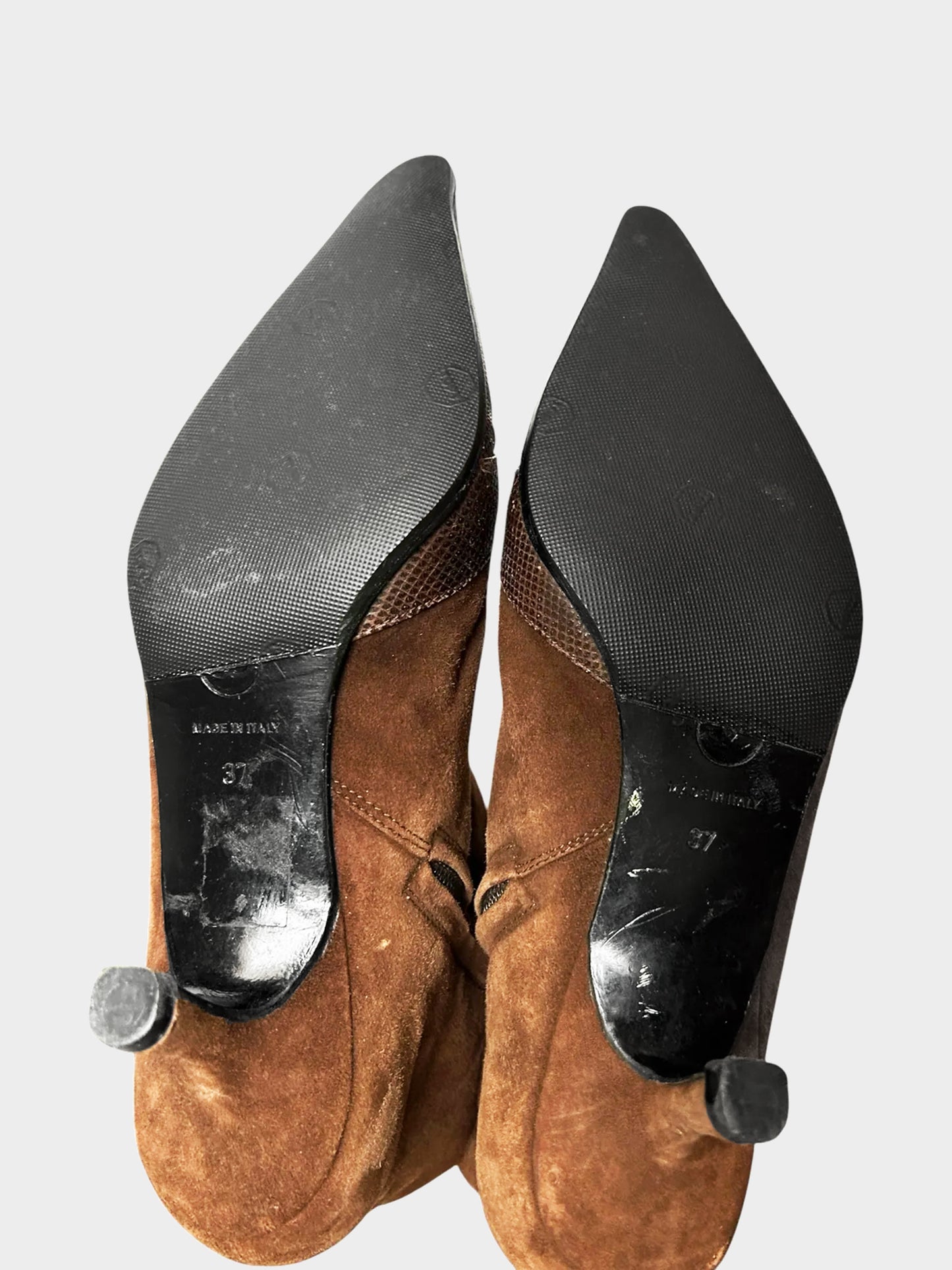Chanel 2000s Brown Suede and Lizard Leather Buckled Ankle Boots