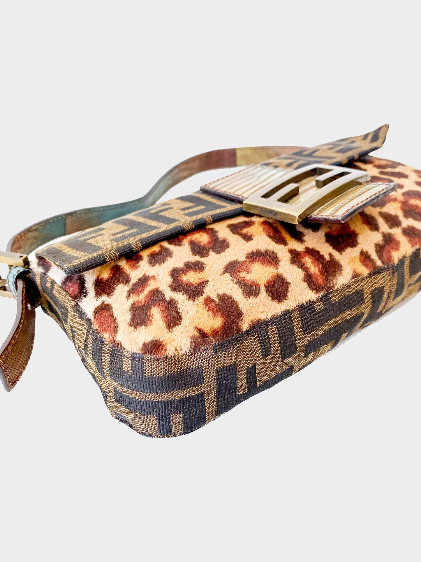 Fendi 2000s Zucca Canvas Ponyhair Baguette with Multicolored Leather