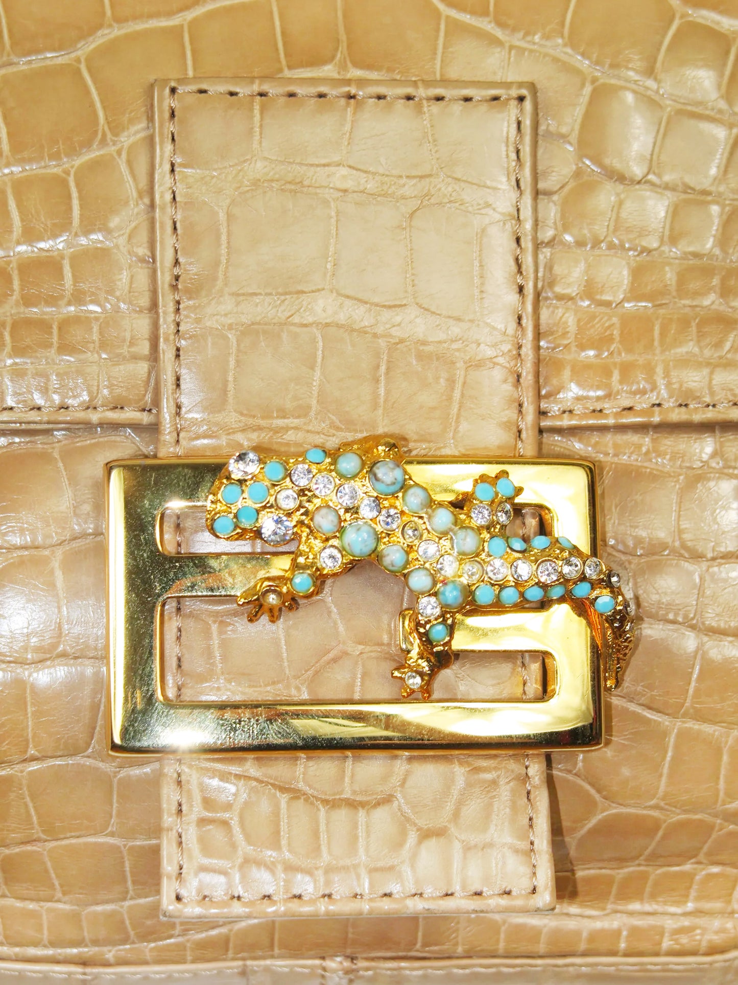 Fendi 2010s Beige Crocodile with Crystal Lizard Baguette