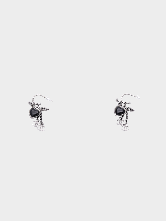 Chanel 2000s Silver Double CC Heart Wing Earrings