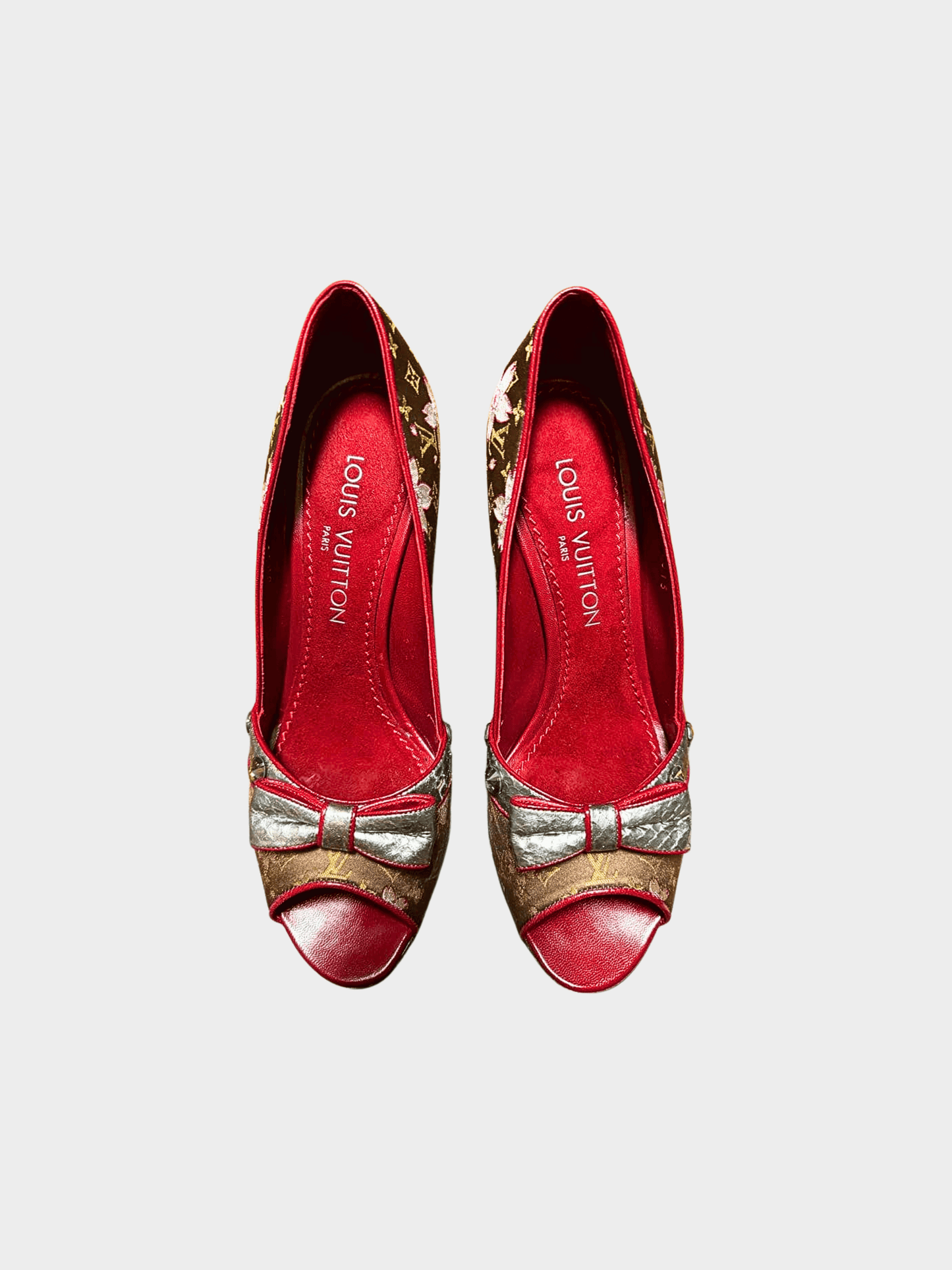 Louis Vuitton 2003 Brown Monogram Satin Cherry Blossom Peep Toe Pumps