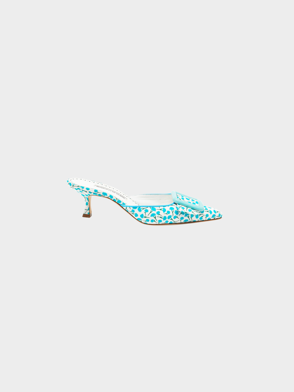 Manolo Blahnik 2010s White and Blue Printed Fabric Mules