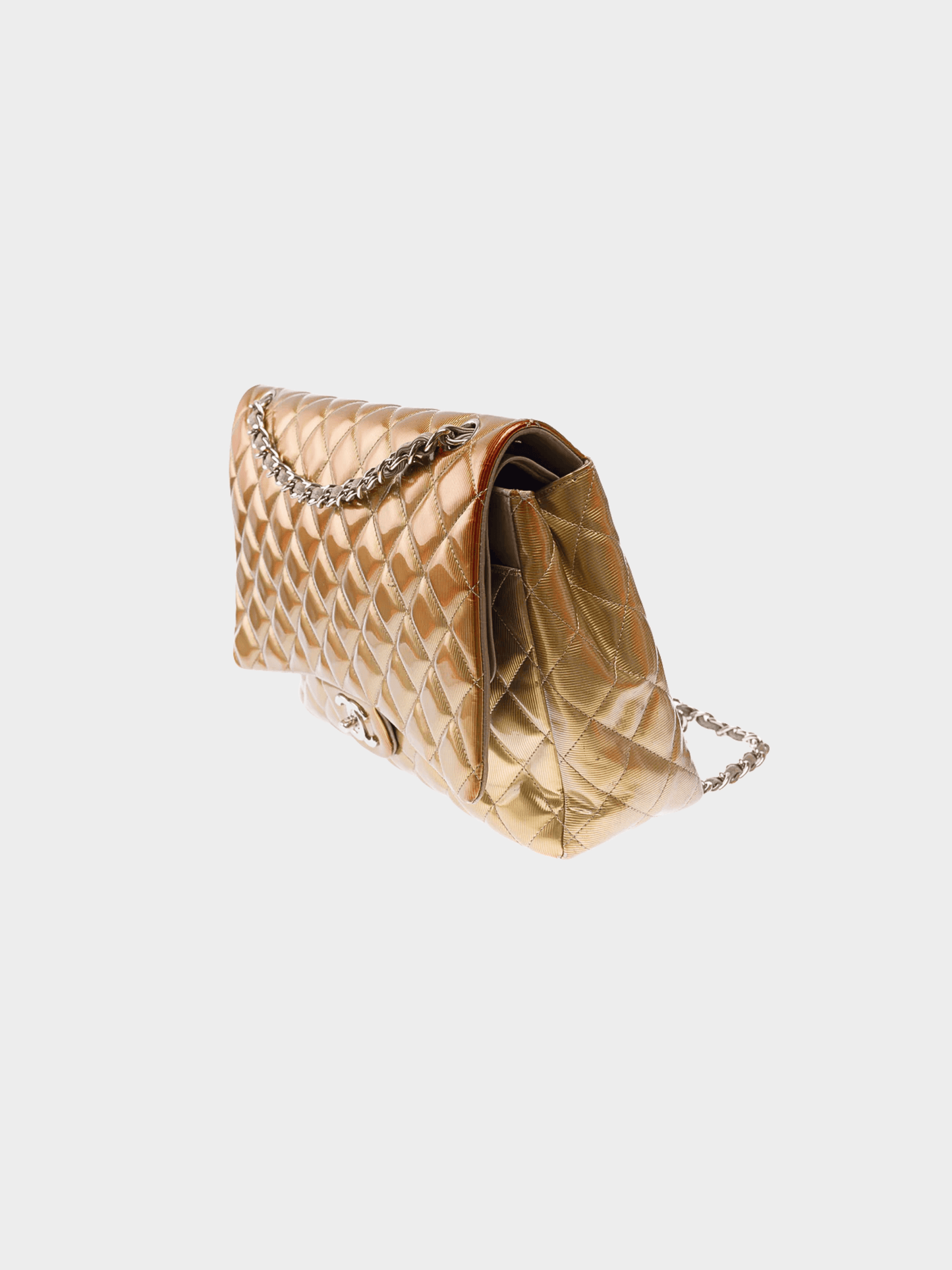 Chanel 2012 Gold Textured Patent Leather Maxi Classic Double Flap Bag