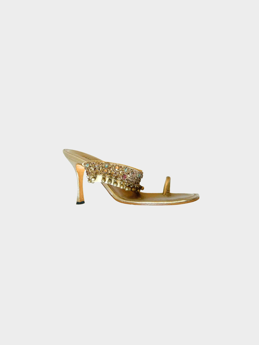 Manolo Blahnik 2000s Gold Metallic Embellished Sandal