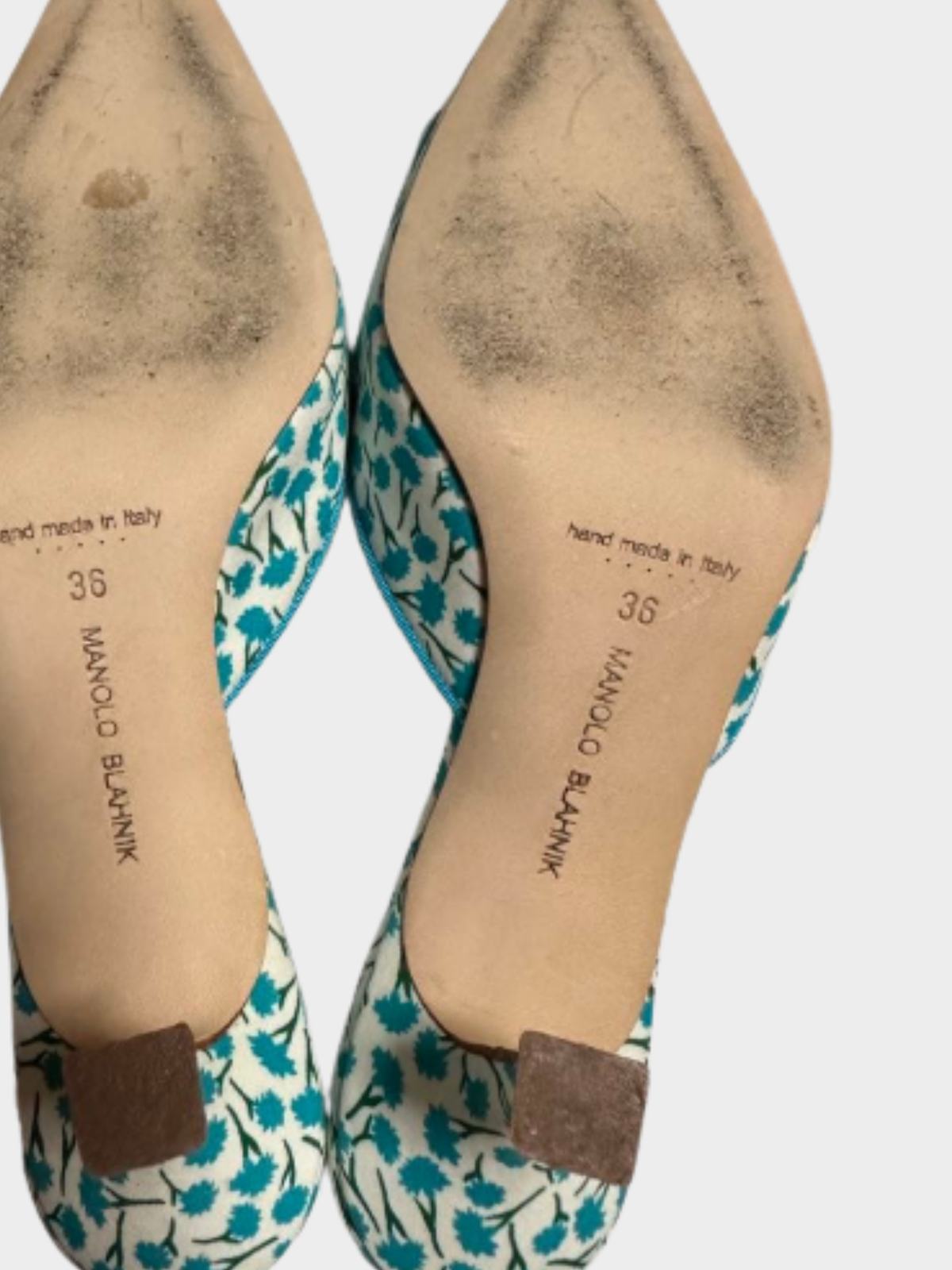 Manolo Blahnik 2010s White and Blue Printed Fabric Mules