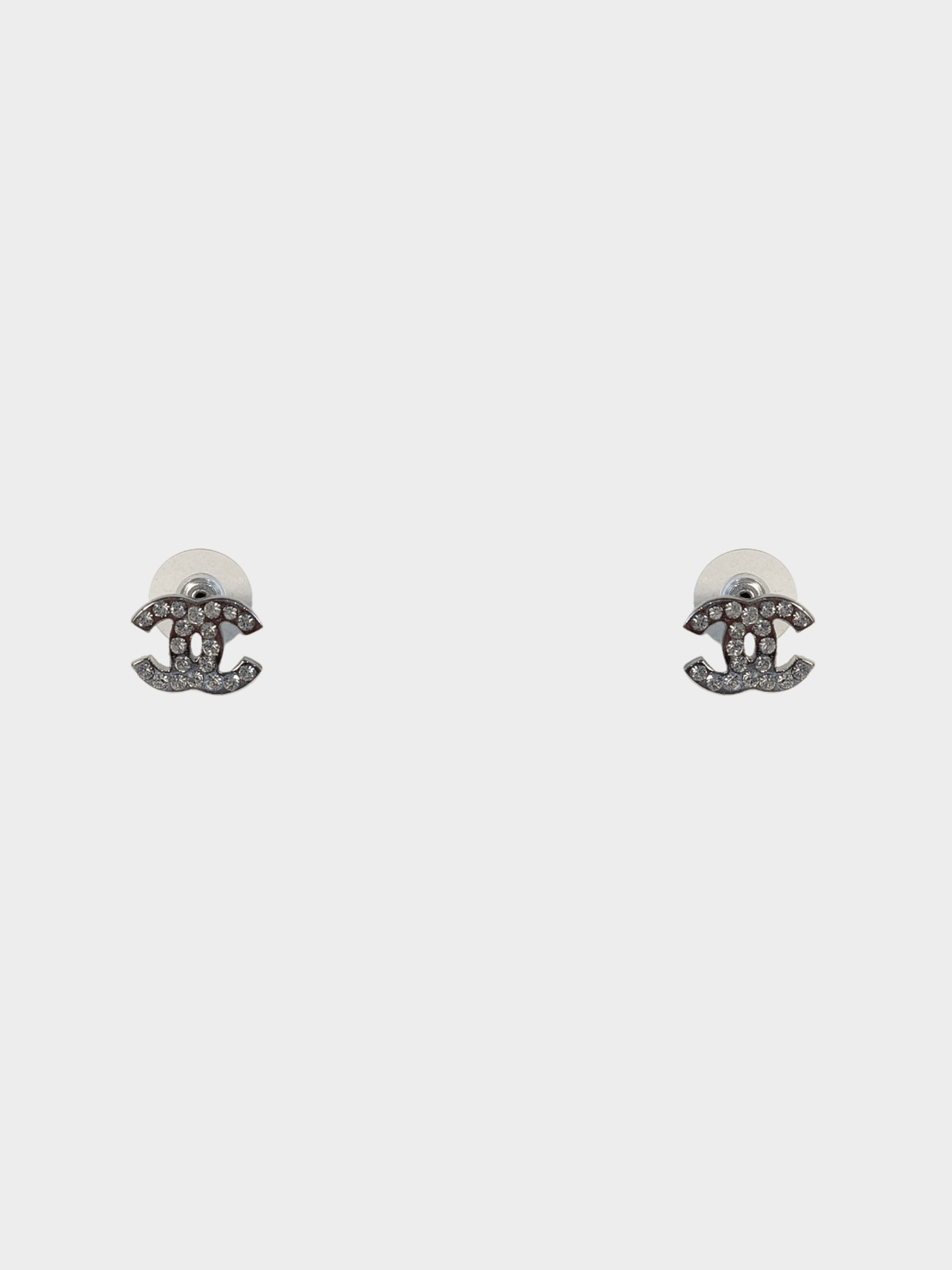 Chanel 2000s Silver CC Rhinestone Stud Earrings