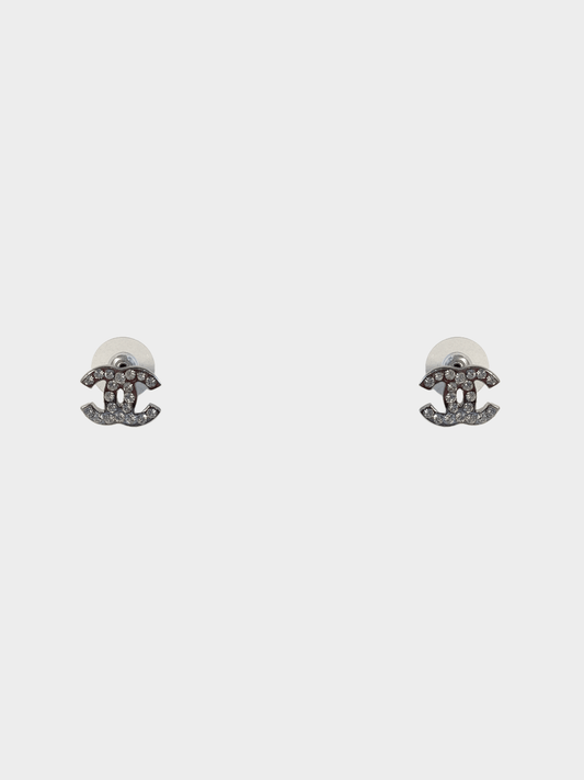 Chanel 2000s Silver CC Rhinestone Stud Earrings