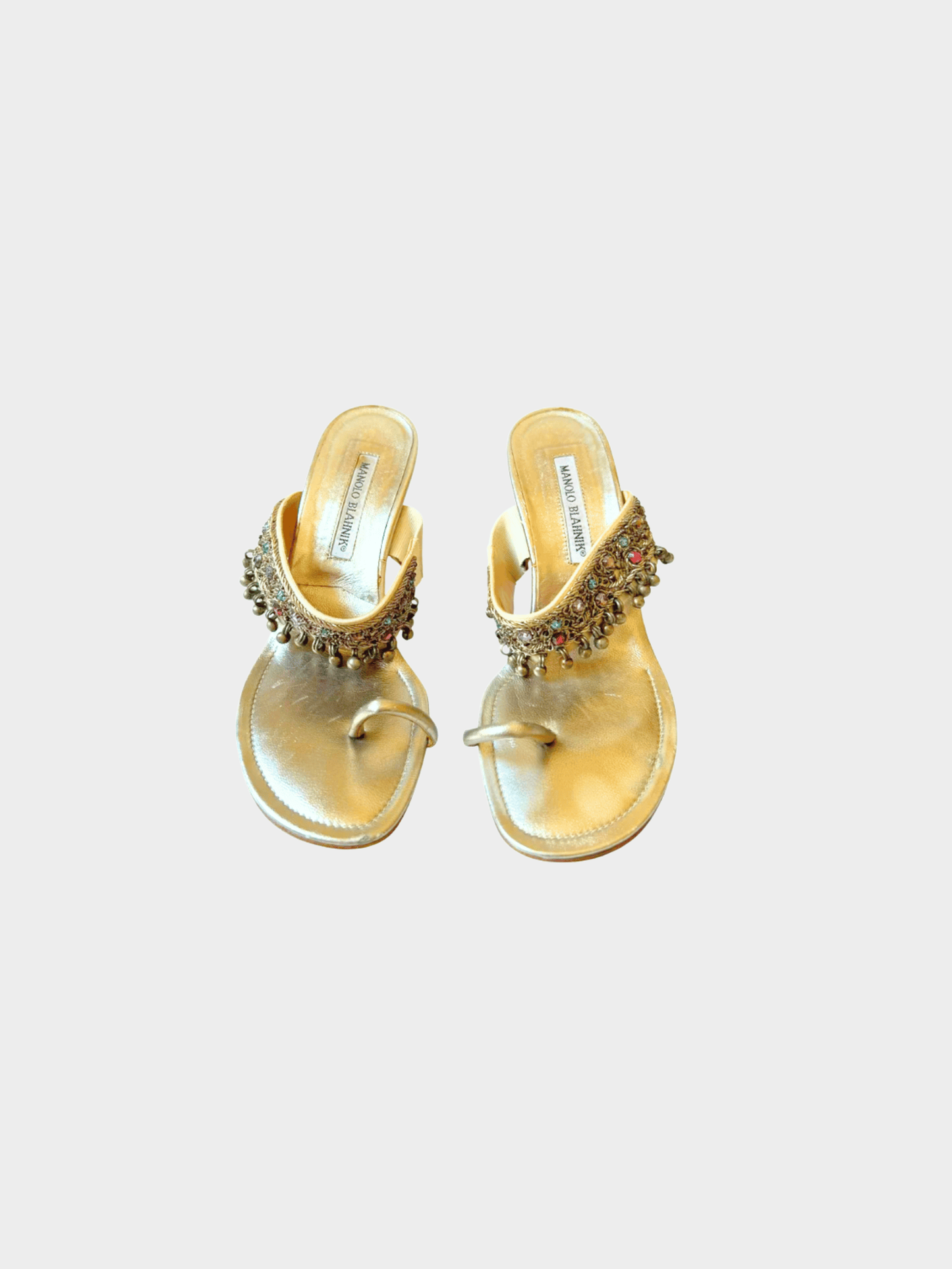 Manolo Blahnik 2000s Gold Metallic Embellished Sandal