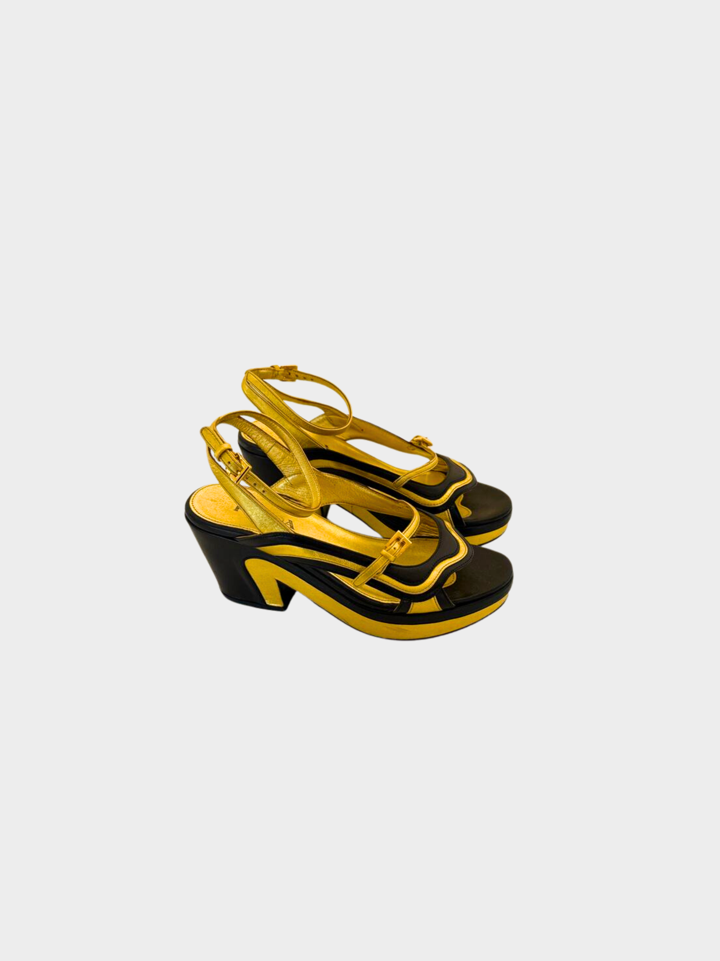 Prada SS 2008 Black and Gold Fairy Indiana Block Heels