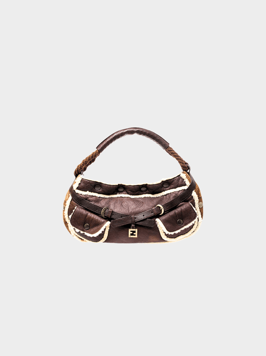 Fendi 2000s Brown Leather and Suede Shearling Hobo