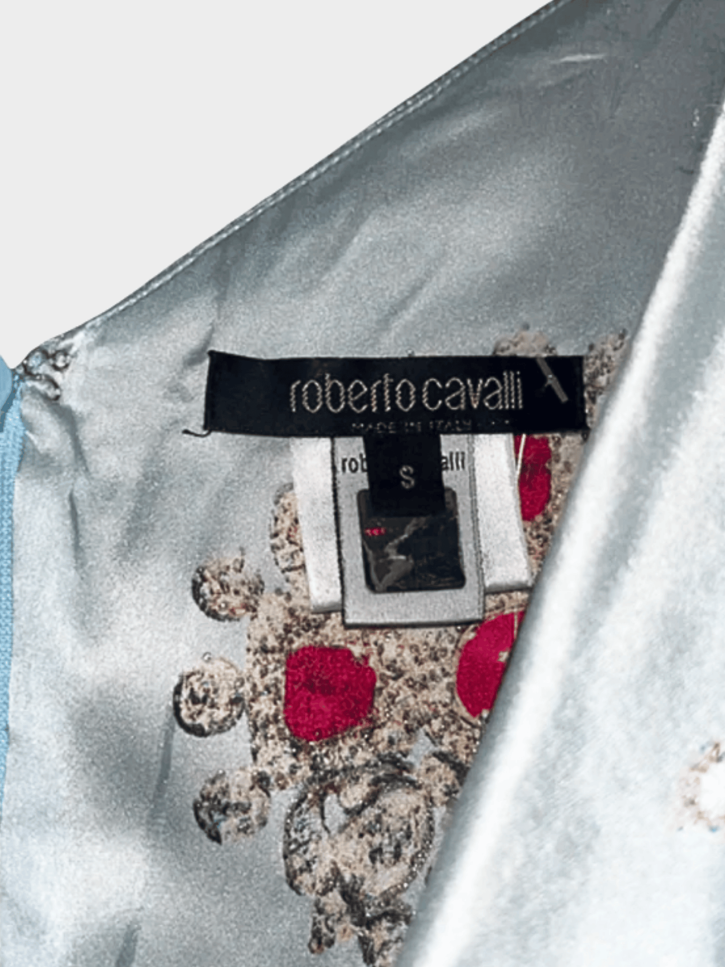 Roberto Cavalli FW 2002 Runway Light Blue Jewel Print Silk Dress