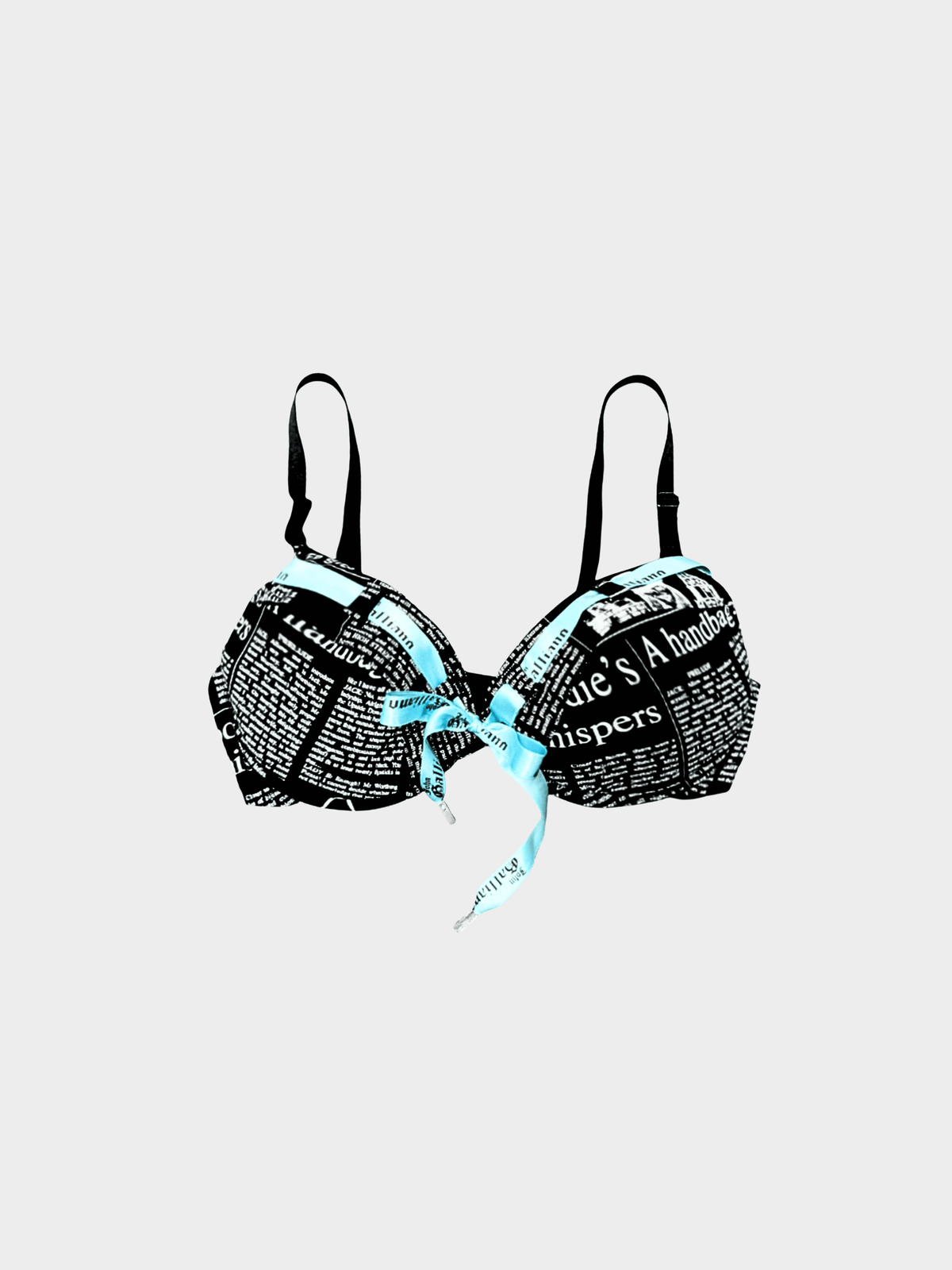 John Galliano 2000s Black Newspaper Print Bikini Top