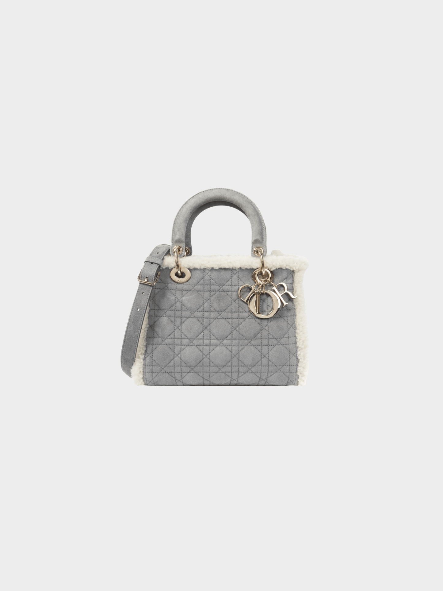 Christian Dior 2021 Lady Dior Grey Cannage Suede Shearling Tote