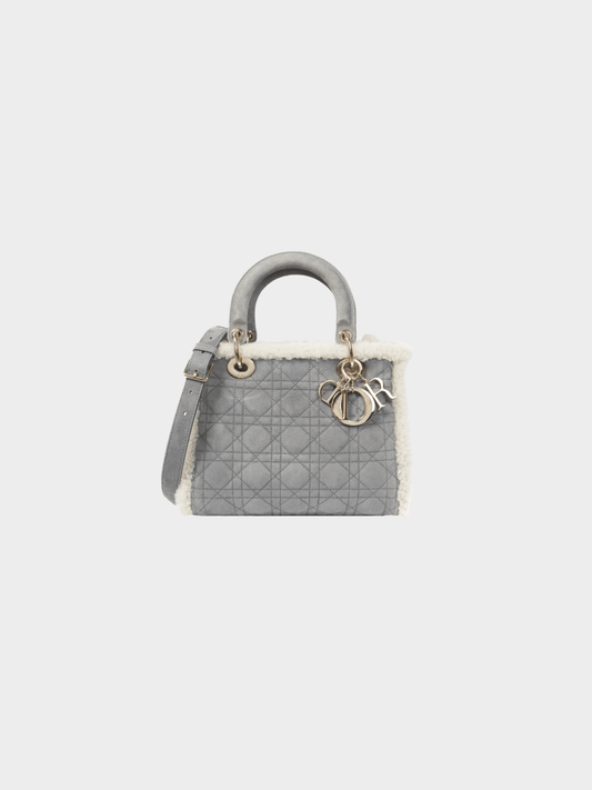 Christian Dior 2021 Lady Dior Grey Cannage Suede Shearling Tote