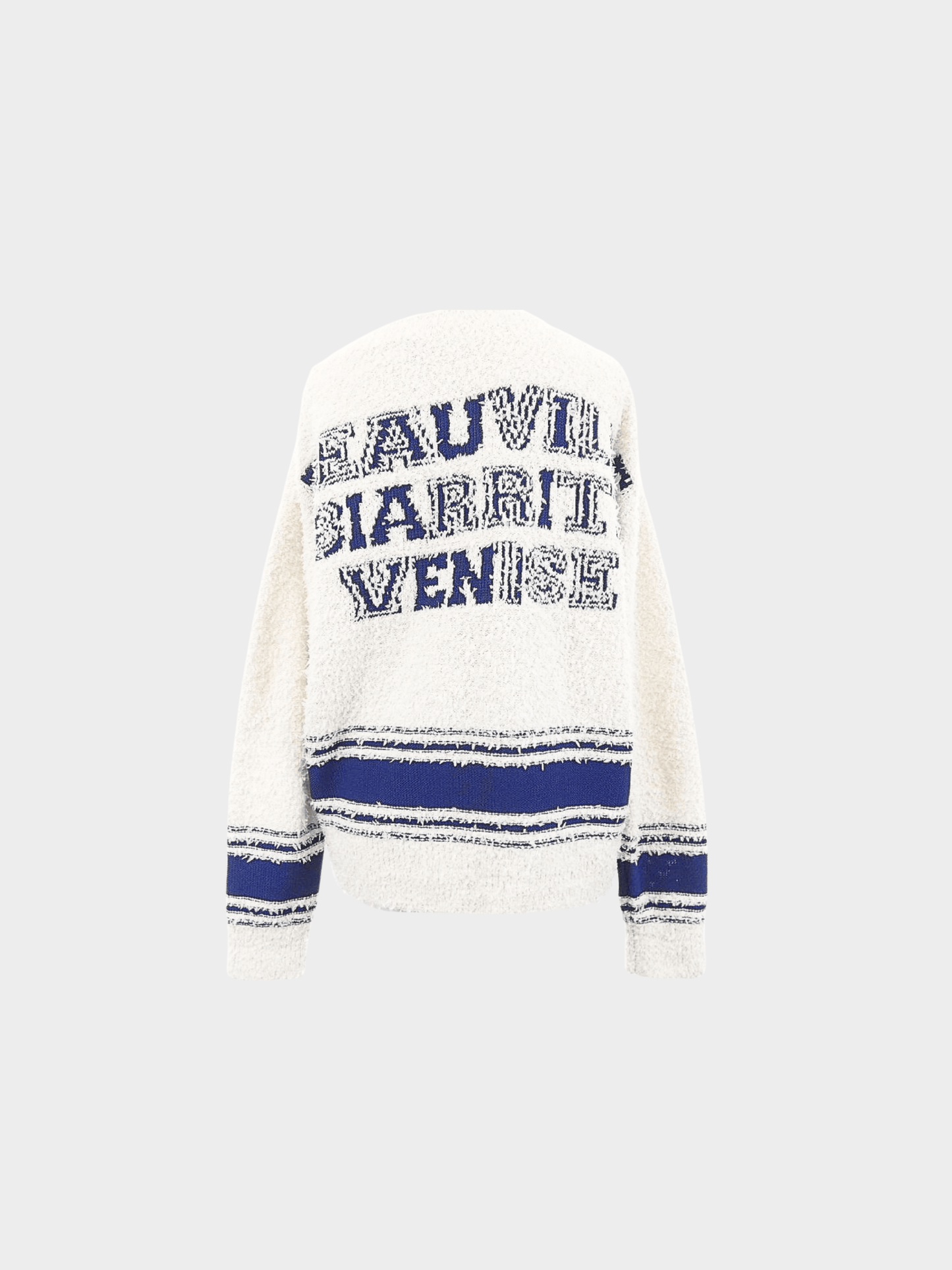 Chanel Pre-Spring 2019 Cream and Blue Cotton-Silk Blend Boucle Varsity Sweater