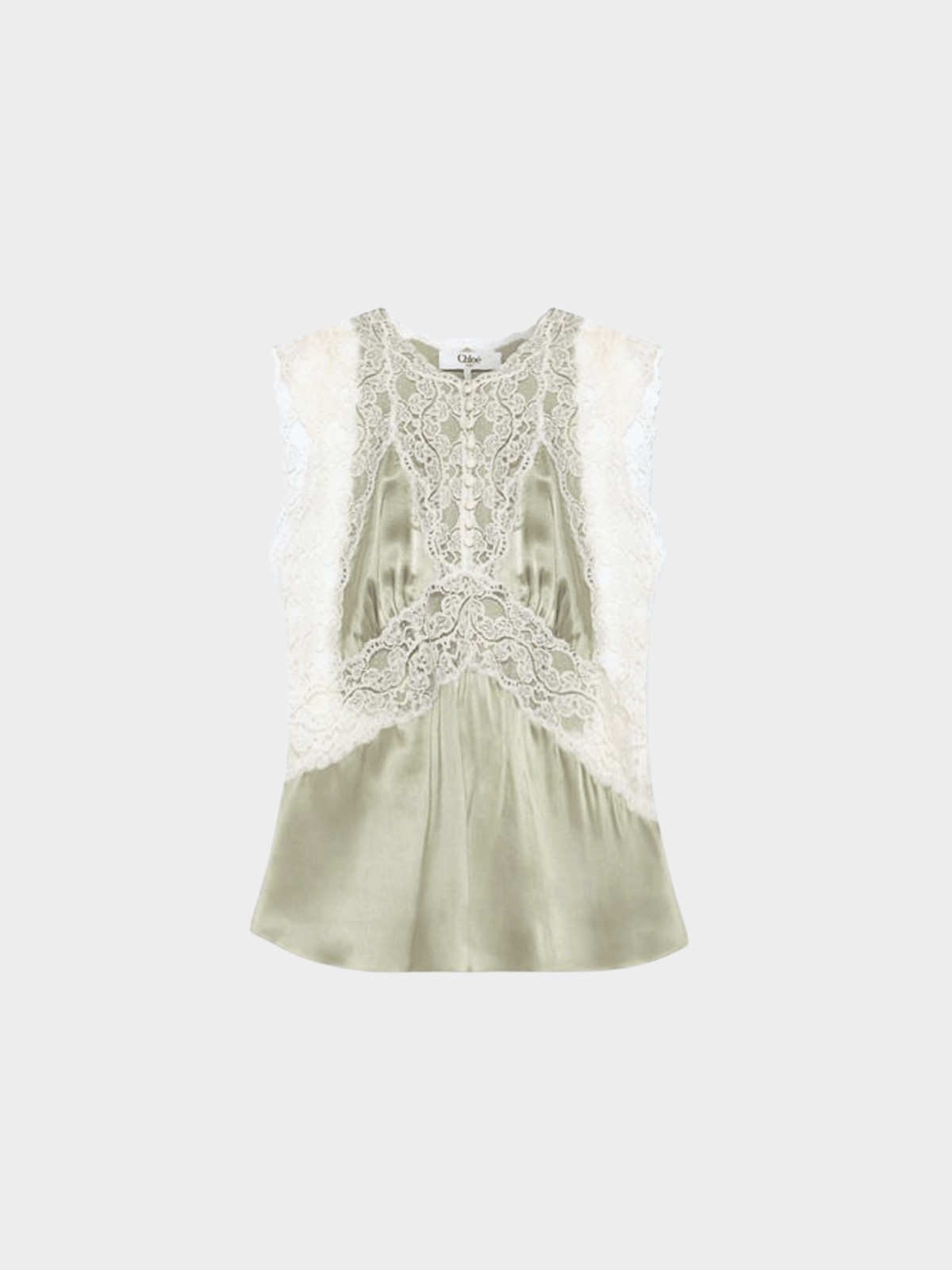Chloe 2025 Pistachio Green Silk Top With Lace Inserts
