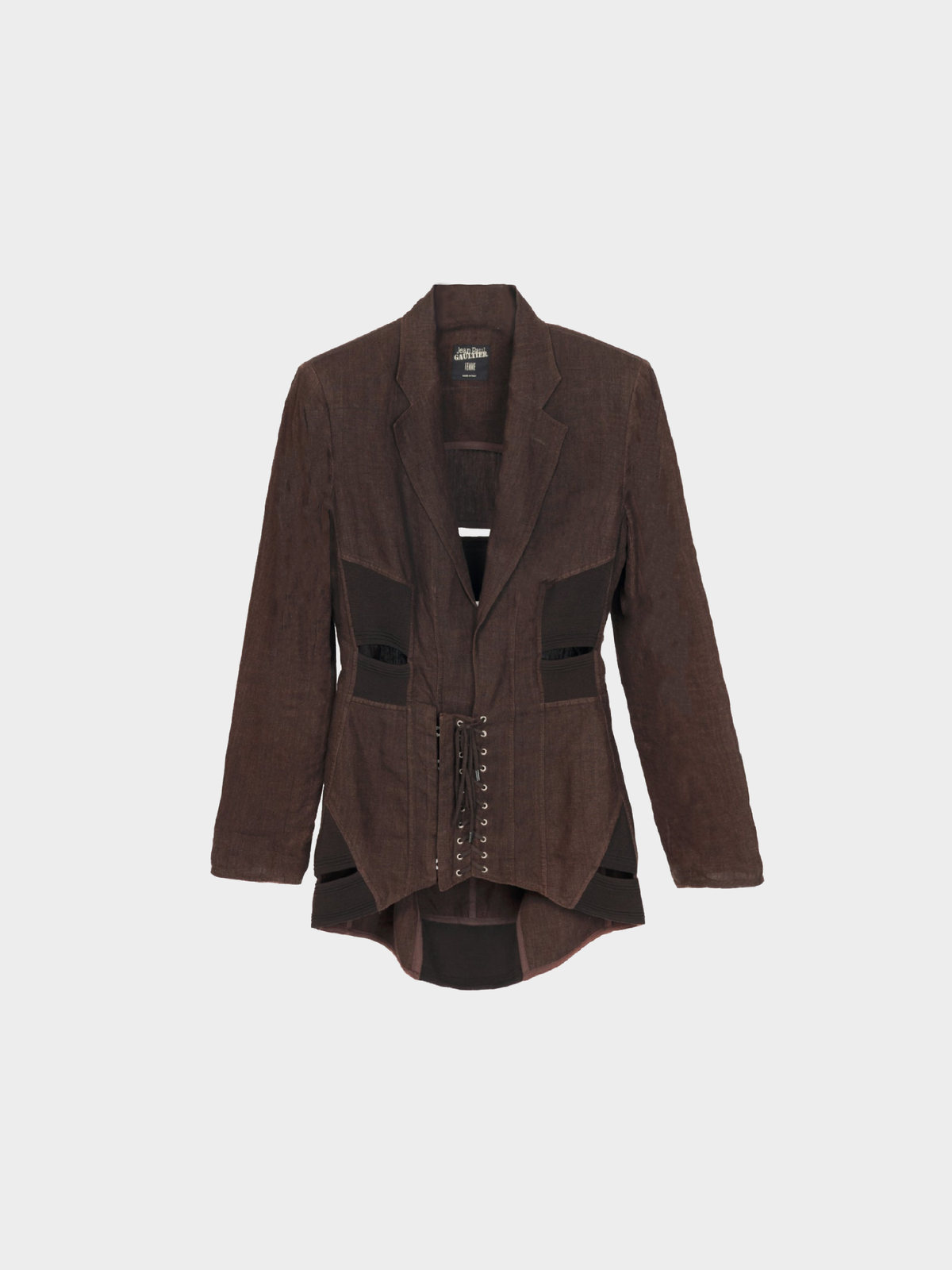 Jean Paul Gaultier SS 2004 Runway Brown Linen Cutout Lace-Up Blazer