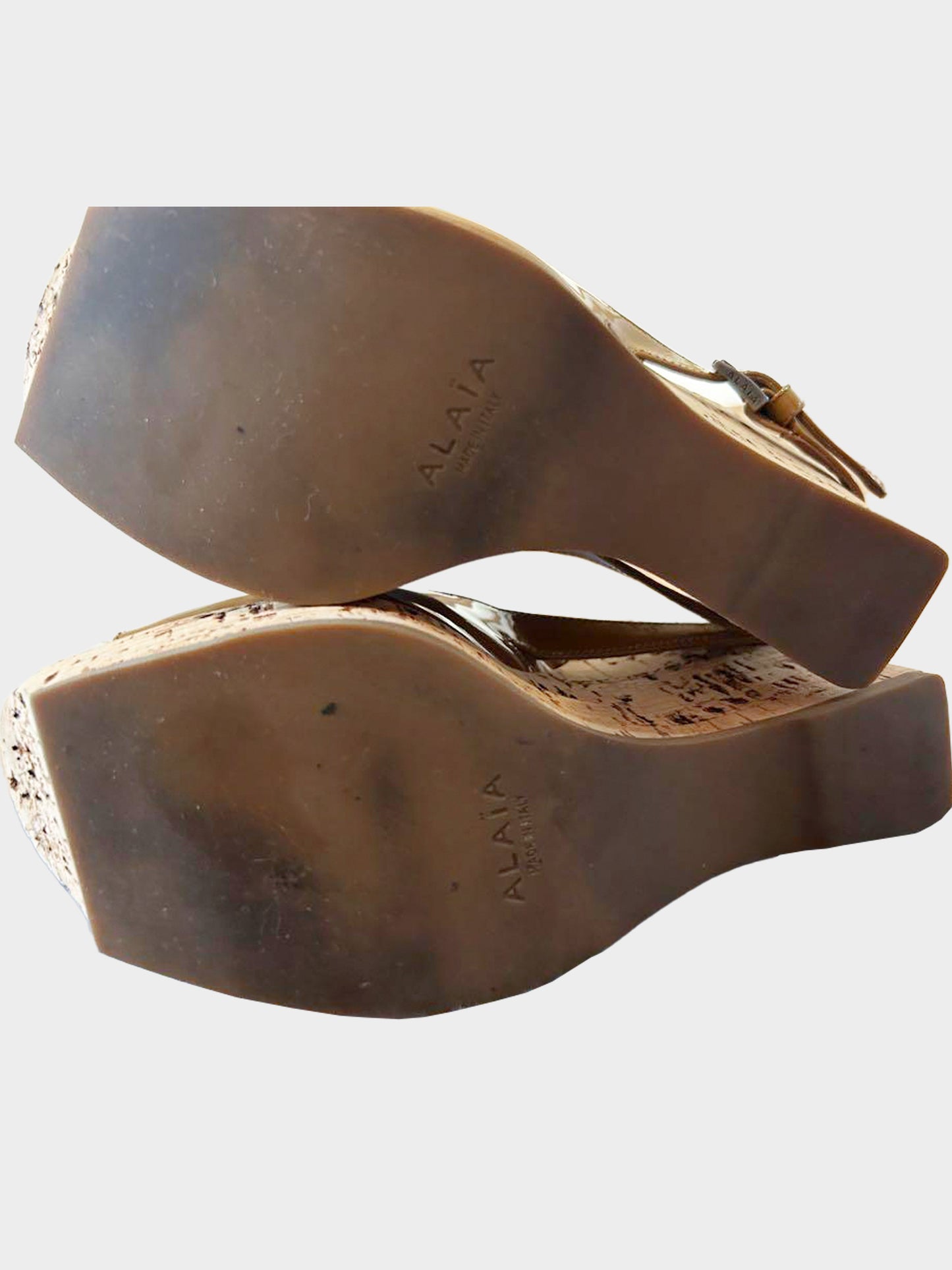 Azzedine Alaïa 2000s Beige Patent Leather Cork Wedge Sandals