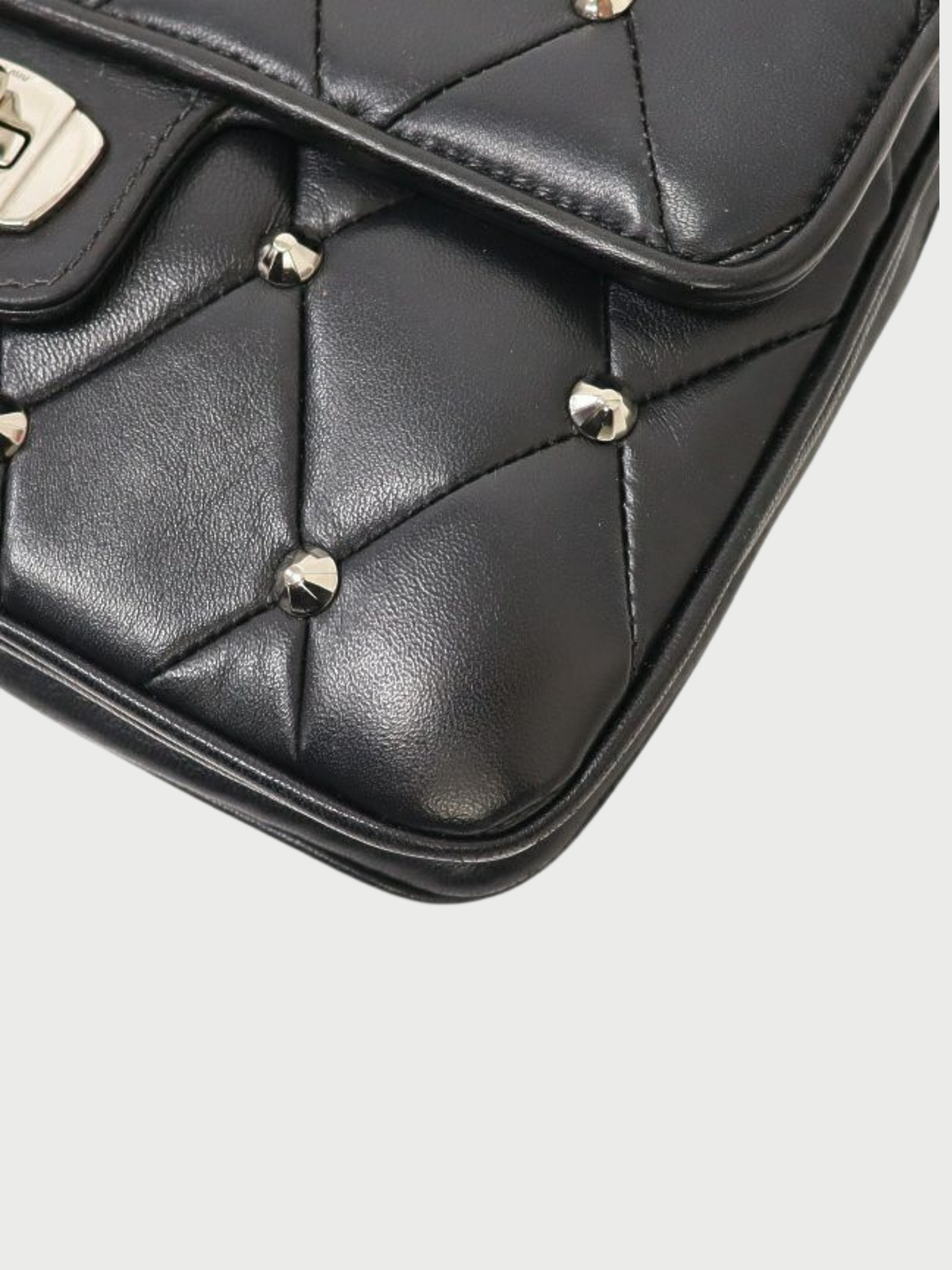 Miu Miu 2000s Black Leather Logo Studded Chain Shoulder Bag