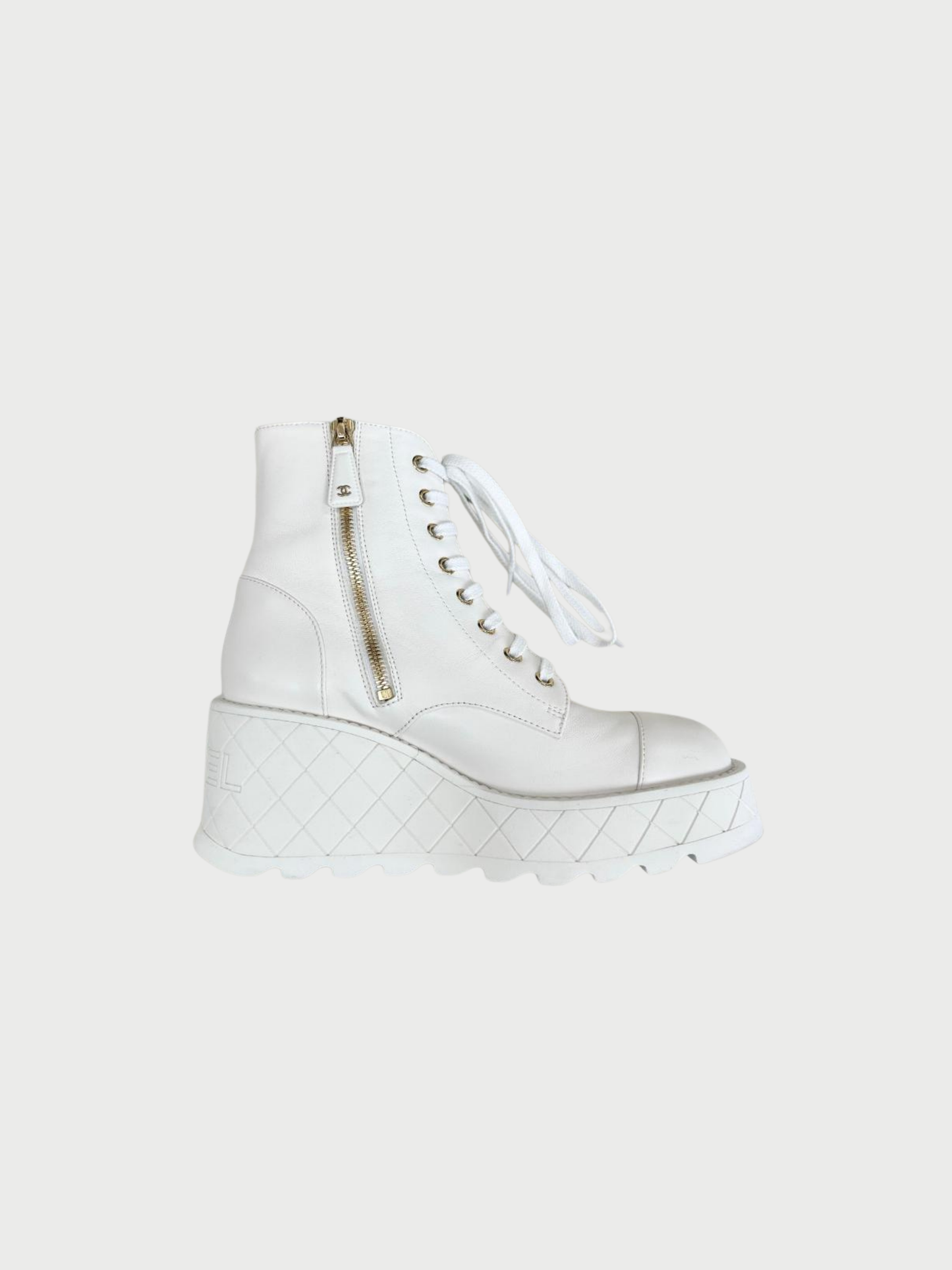 Chanel 2024 White Leather Wedge Combat Boots