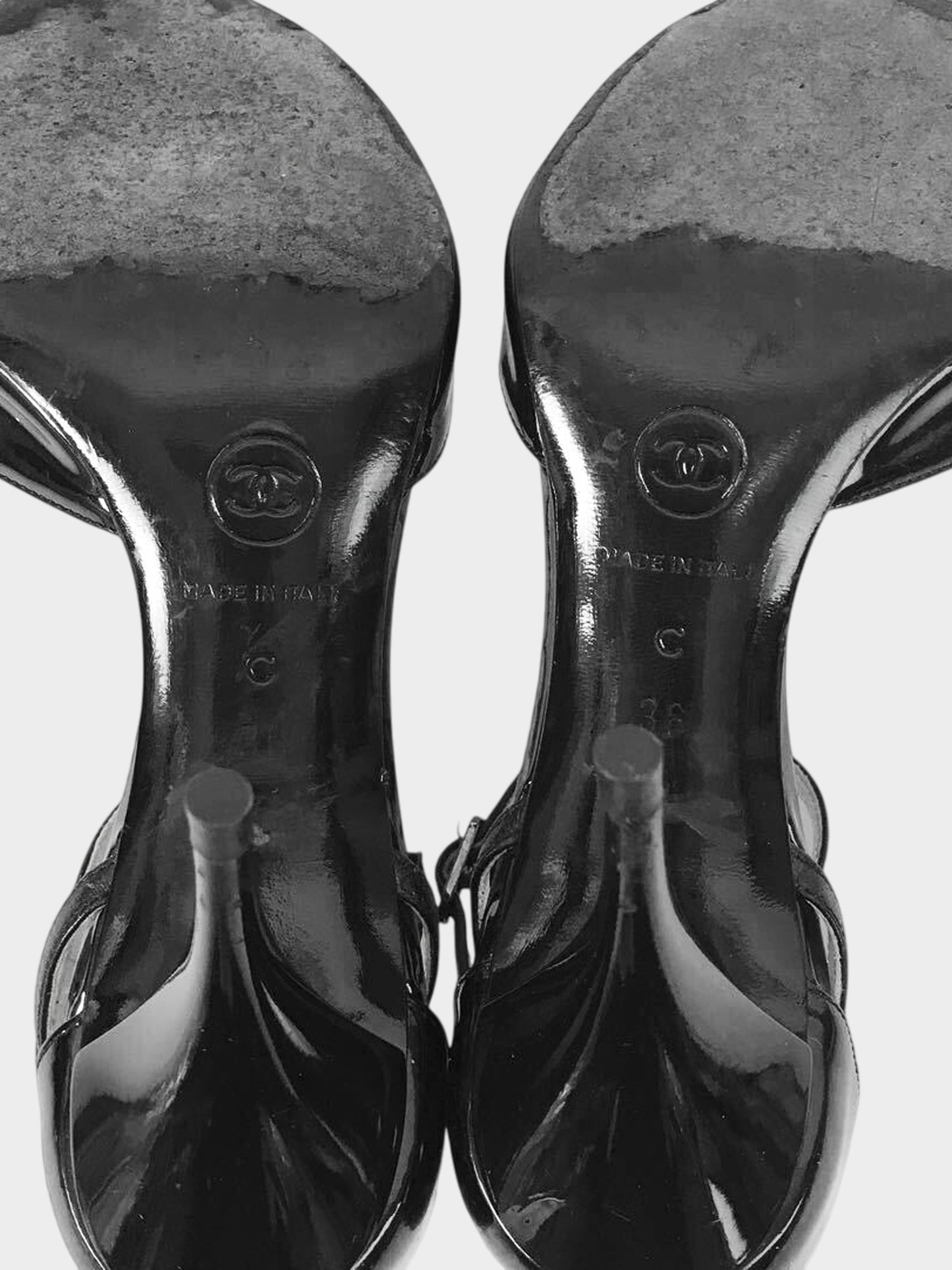 Chanel 2000s Black Patent Leather Peep Toe Heels