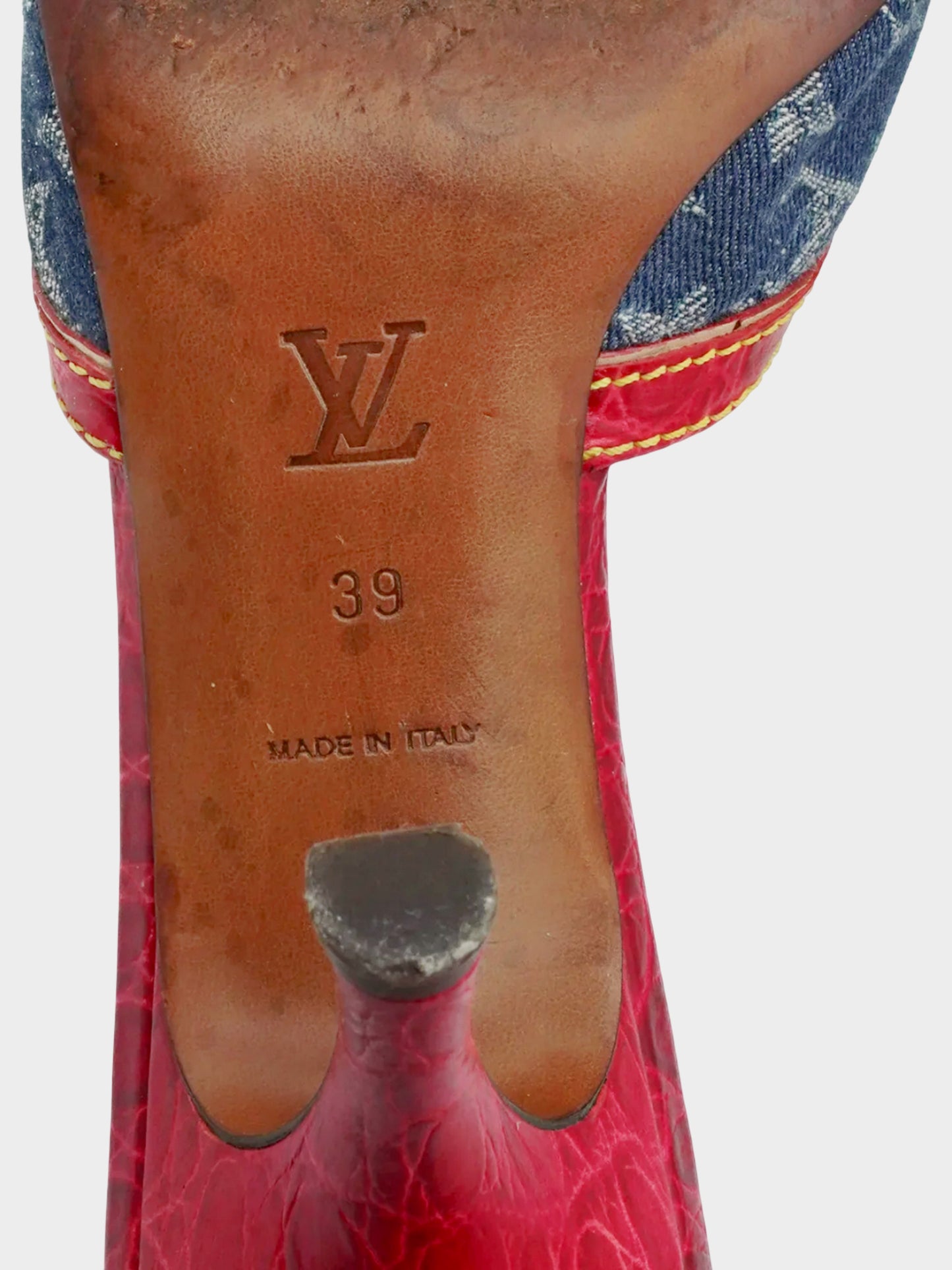 Louis Vuitton Resort 2005 Denim Monogram Heels with Red Alligator Trim