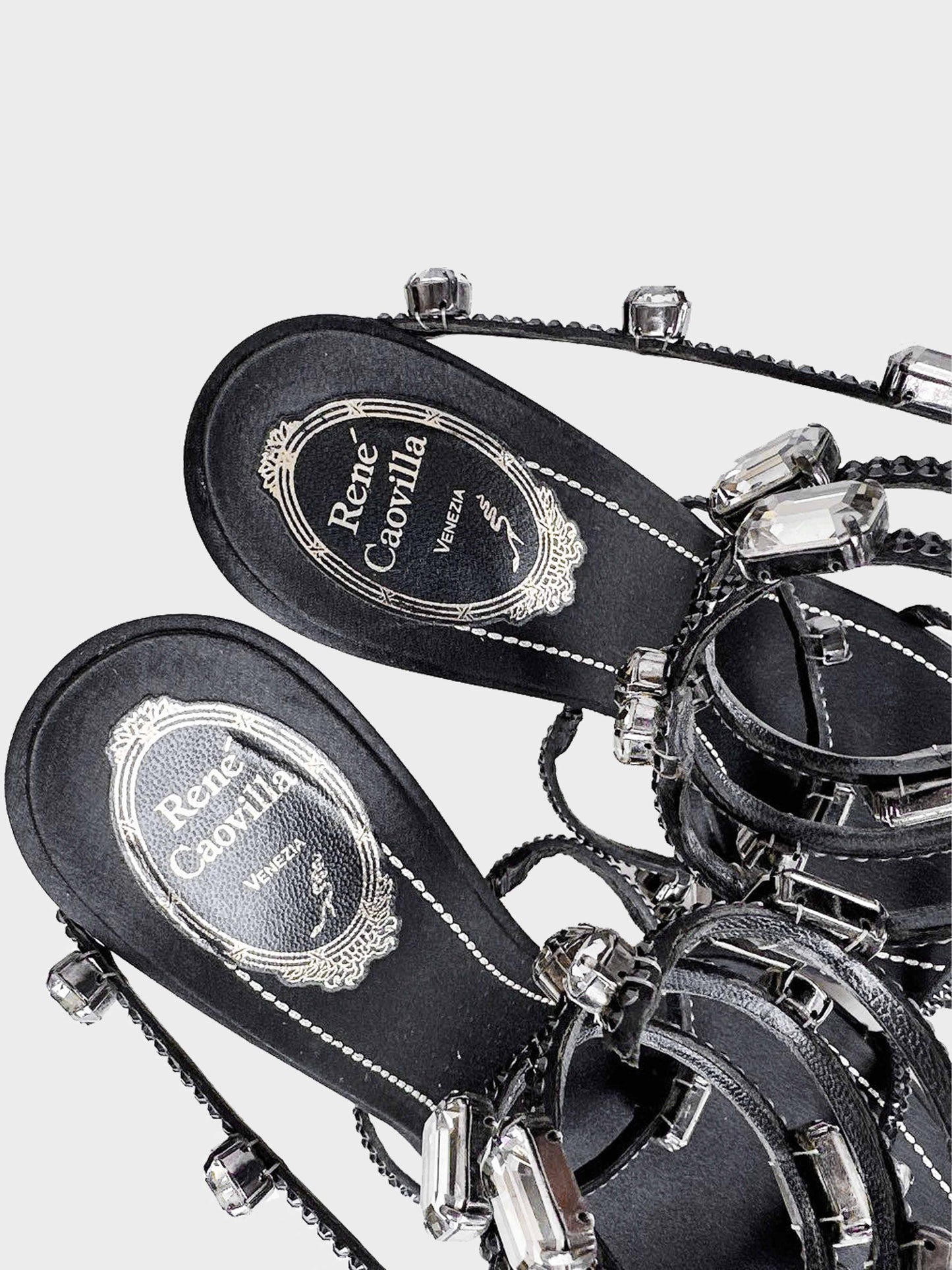 René Caovilla 2010s Black Satin Jeweled Heels