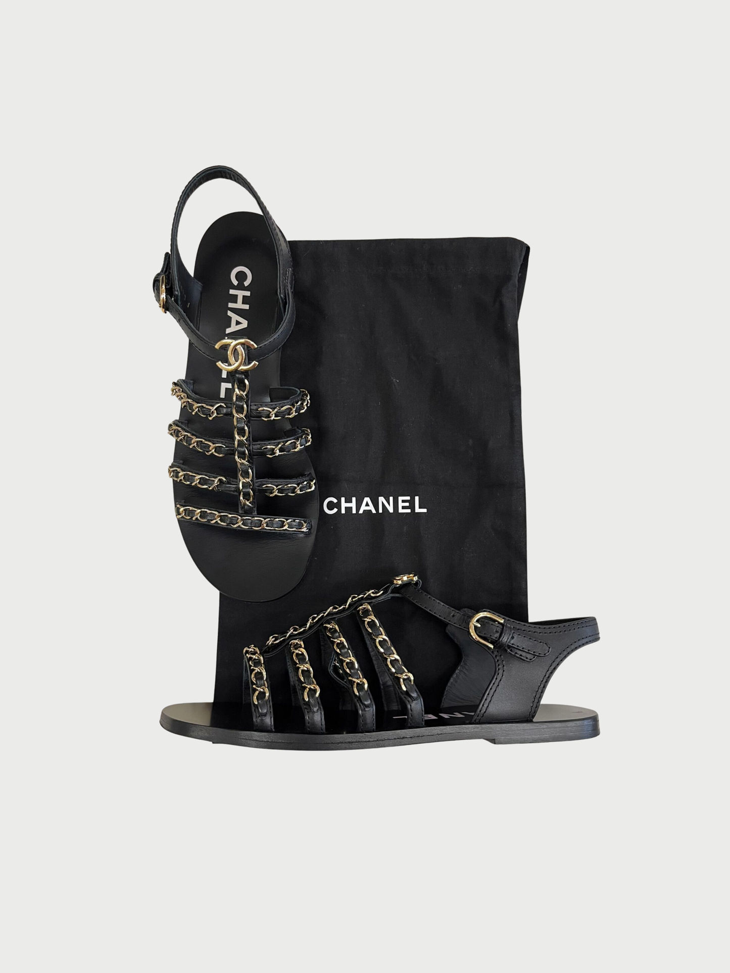 Chanel 2023 Black Leather Chain CC Flat Sandals