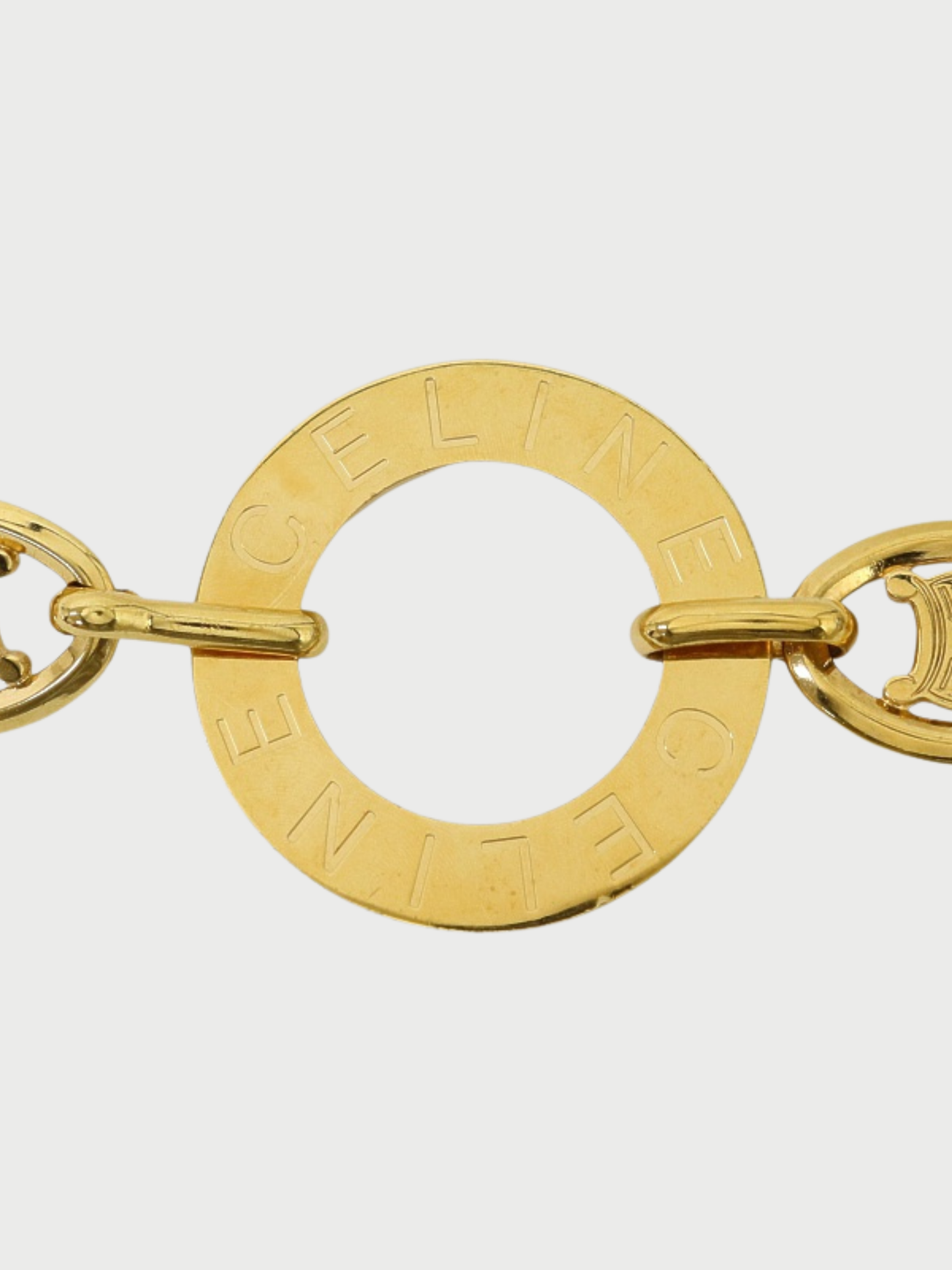 Celine 1990s Gold Plated Metal Triomphe Circle Logo Chain Belt