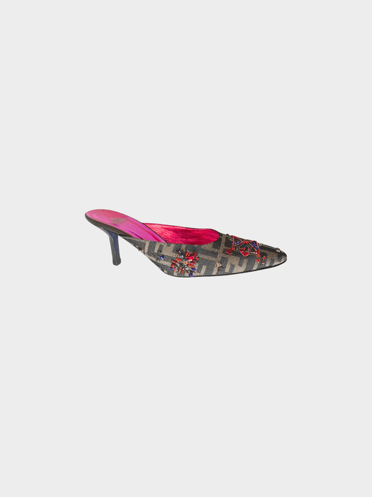 Fendi 2000s Brown Zucca Pattern Embellished Monogram Mules