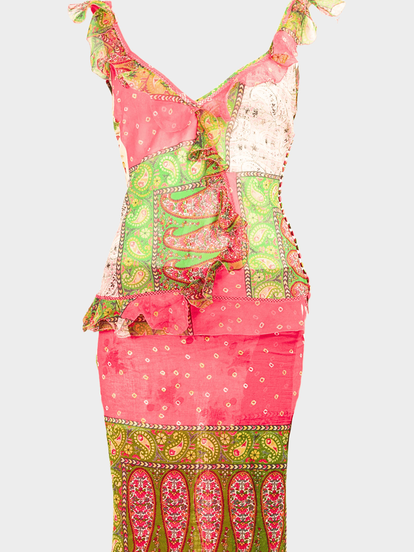 Christian Dior by John Galliano SS 2004 Pink and Green Silk and Cotton Paisley Skirt set