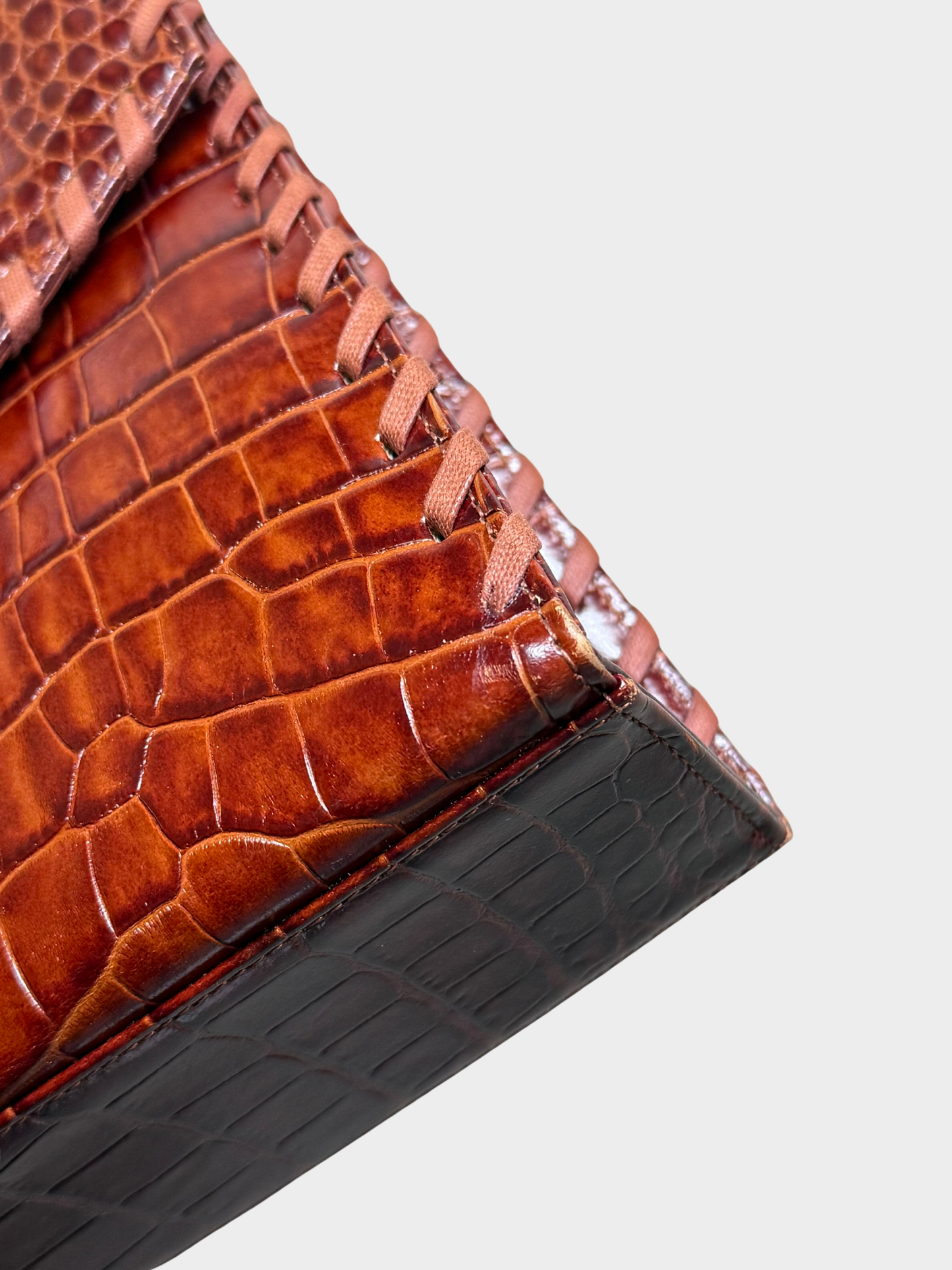 Yves Saint Laurent 1990s Cognac Croc-Embossed Lace-Up Handbag