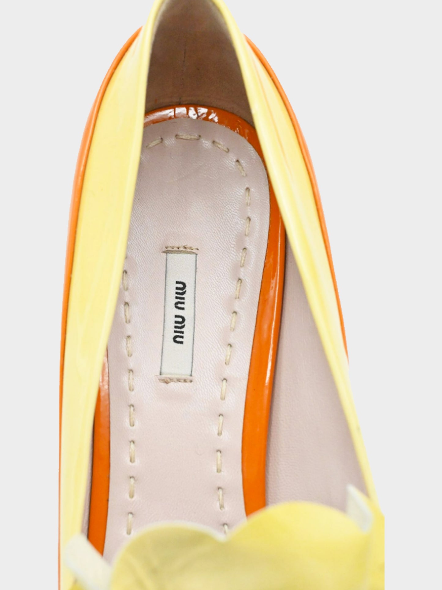 Miu Miu 2010s Orange and Yellow Patent Leather Ruffle Bow Kitten Heel Pumps