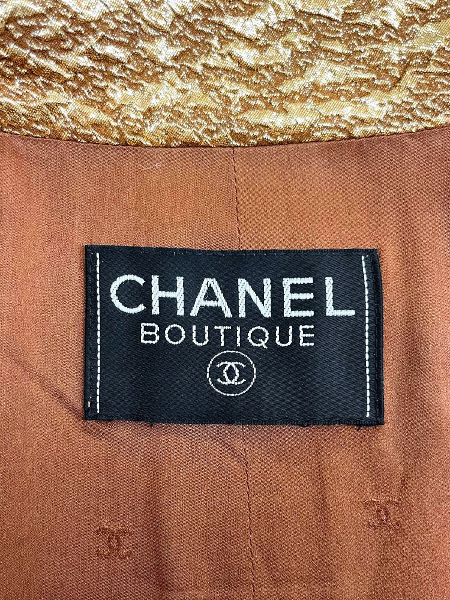 Chanel 1996 Brown Tweed Coat with Gold Brocade Trim