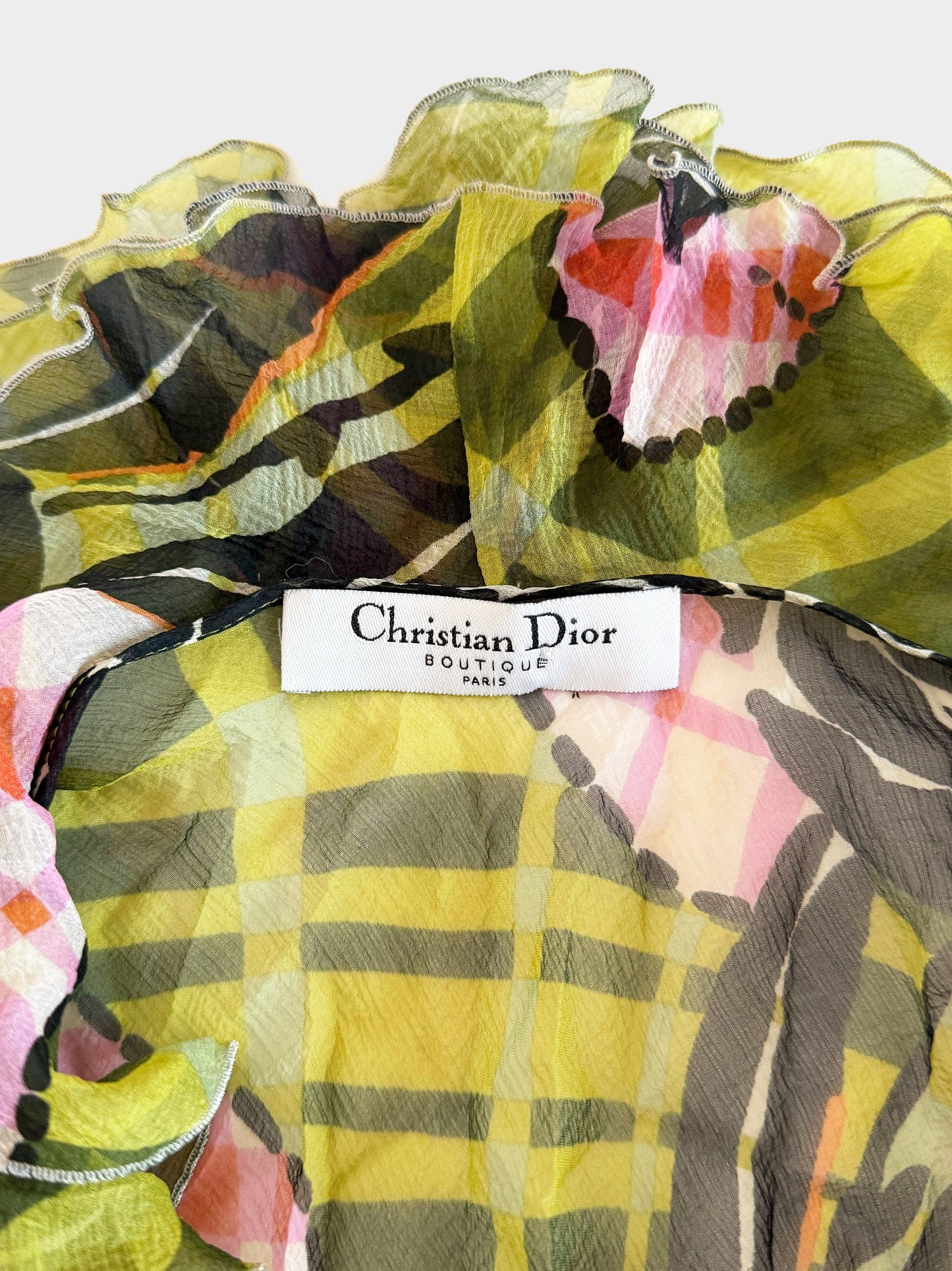 Christian Dior by John Galliano FW 2002 Green and Pink Floral and Check Print Ruffled Wrap Top