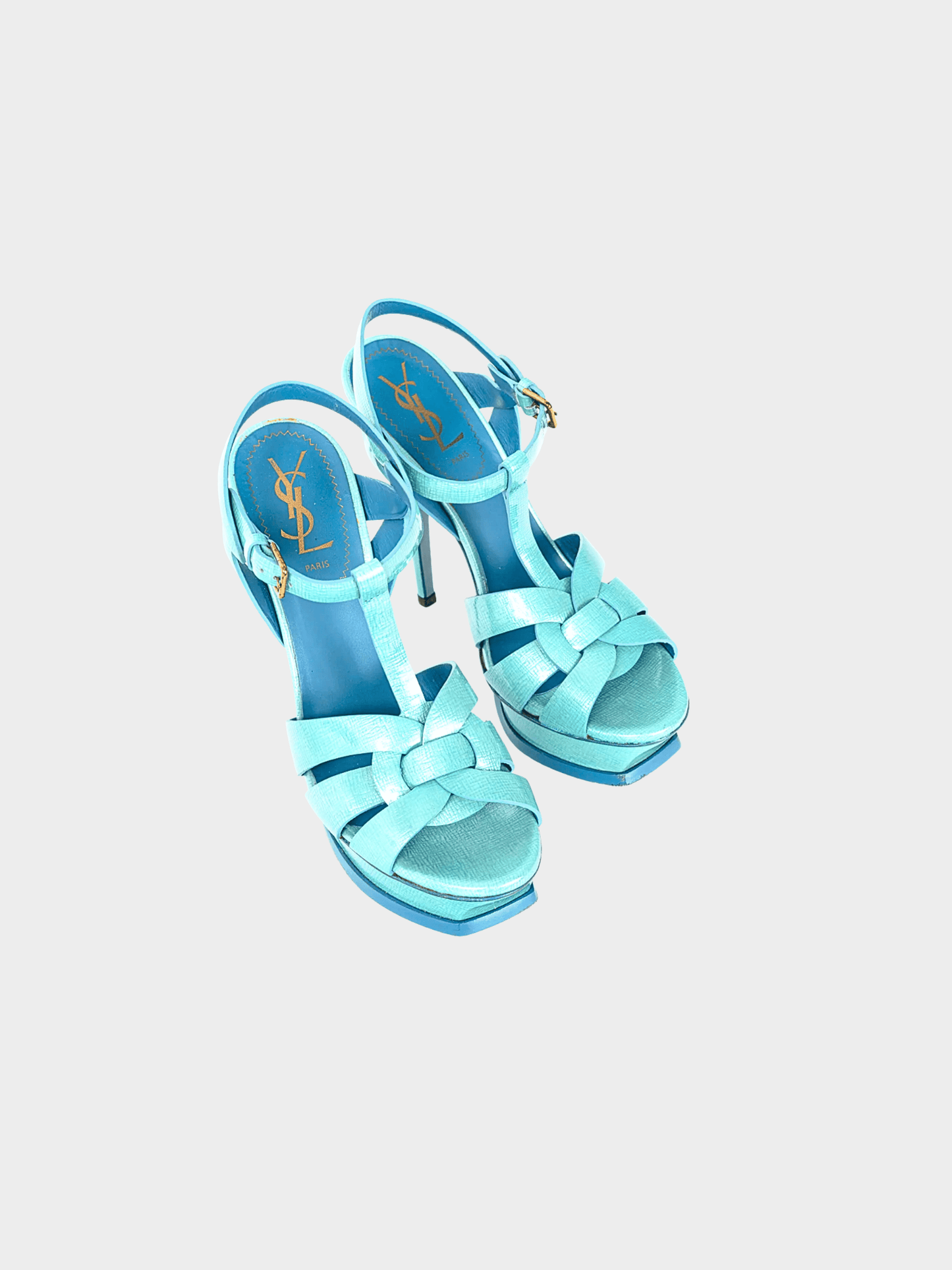 Yves Saint Laurent 2012 Tribute 105 Azur Paille Patent Platform Sandals