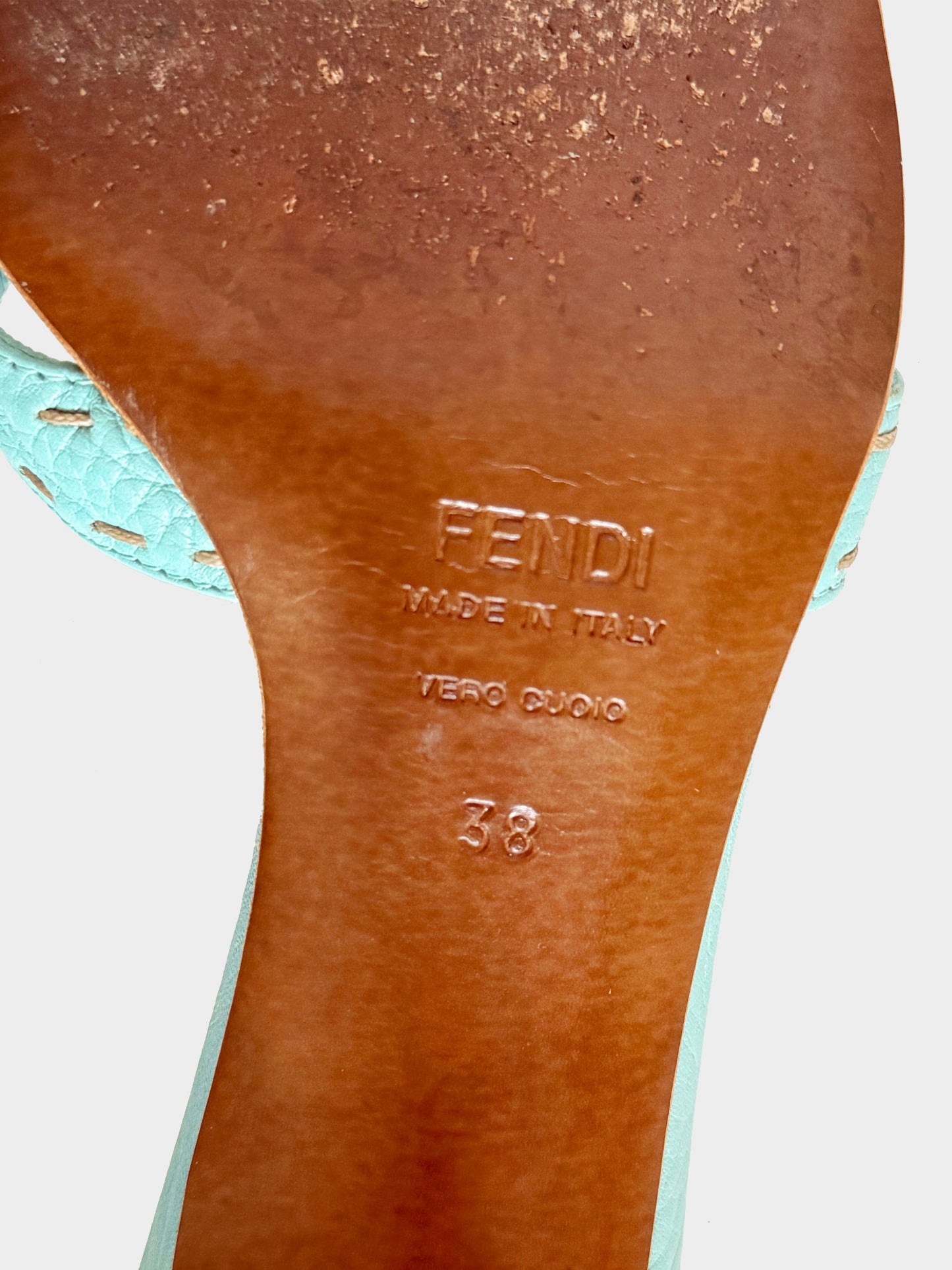 Fendi 2000s Turquoise Selleria Crossed Strap Kitten Heels