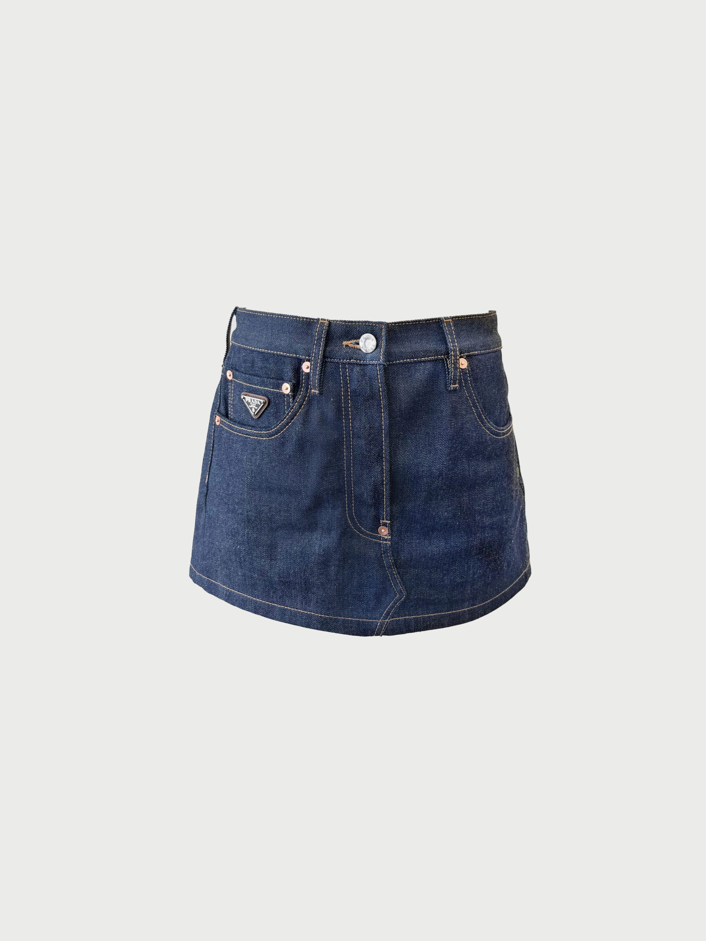 Prada 2020s Indigo Denim Brand-Plaque Low-Rise Mini Skirt