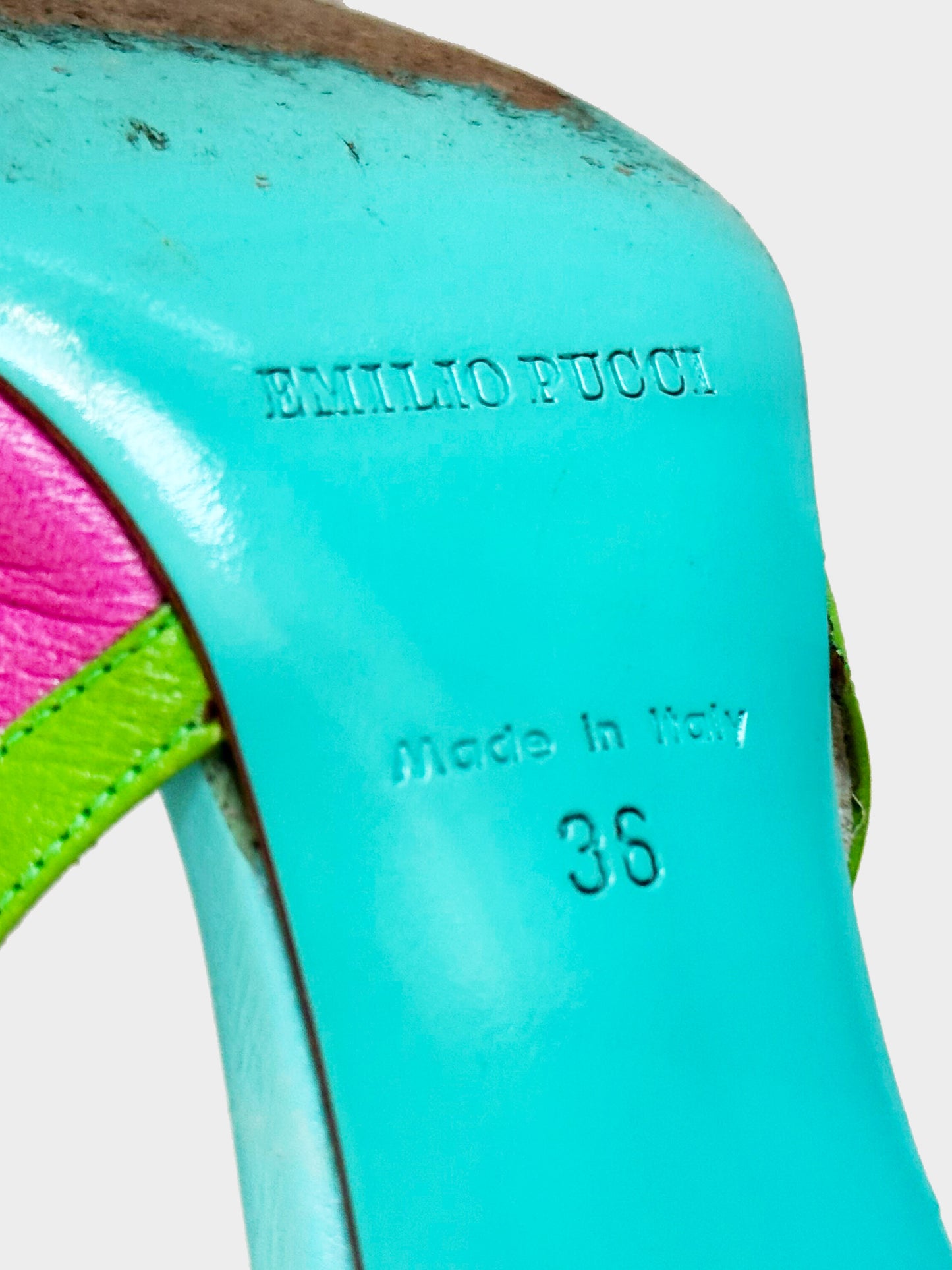 Emilio Pucci 2000s Pink, Green, and Blue Leather Color Block Slingback Heels